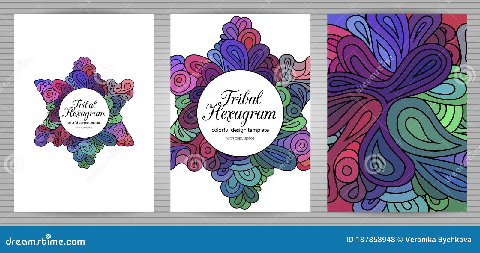 doodle style hexagram corporate identity templates set . colorful zentangle jewish . ethnic tribal flyer and document
