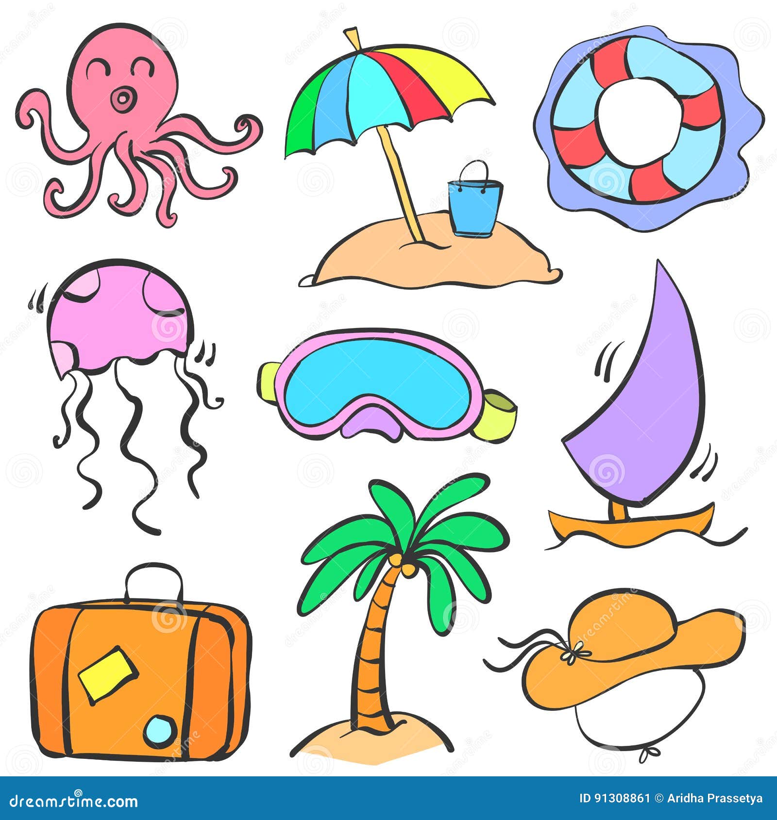 Doodle Summer Holiday Cartoon Style Stock Vector - Illustration of ...