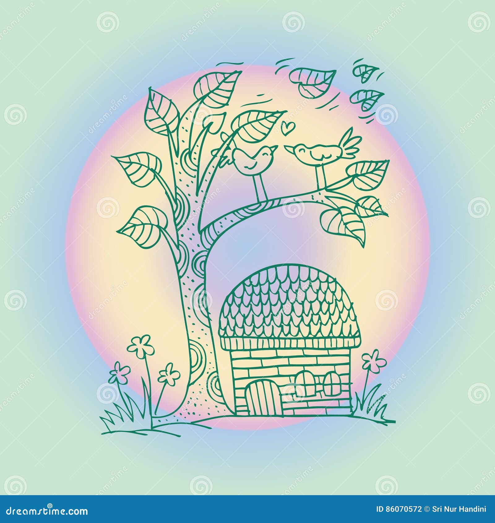 Doodle Tree with Birds in Love Stock Illustration Illustration of
