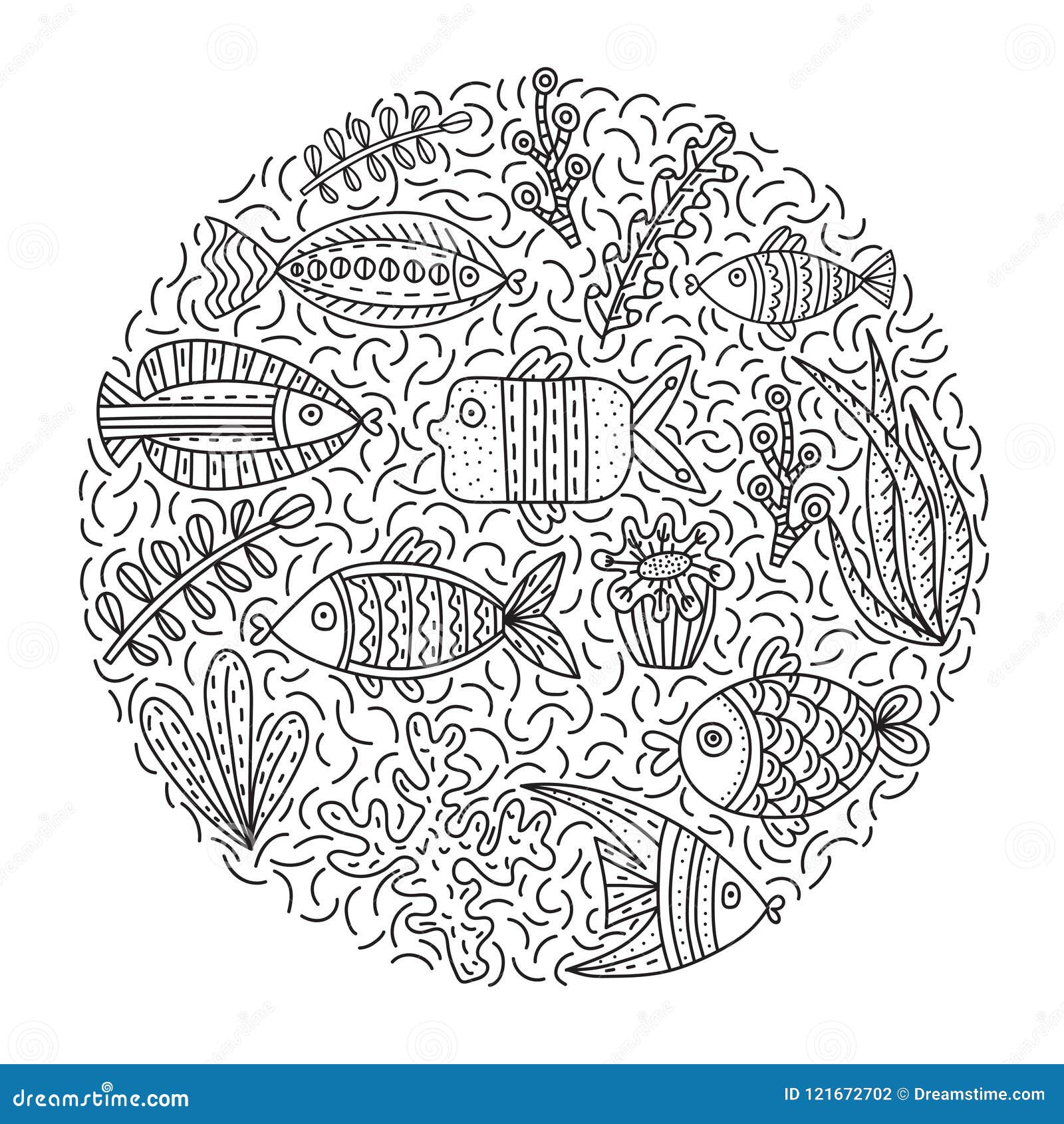 Doodle Vector Illustration with Cute Fishes and Seaweeds. Stock Vector ...