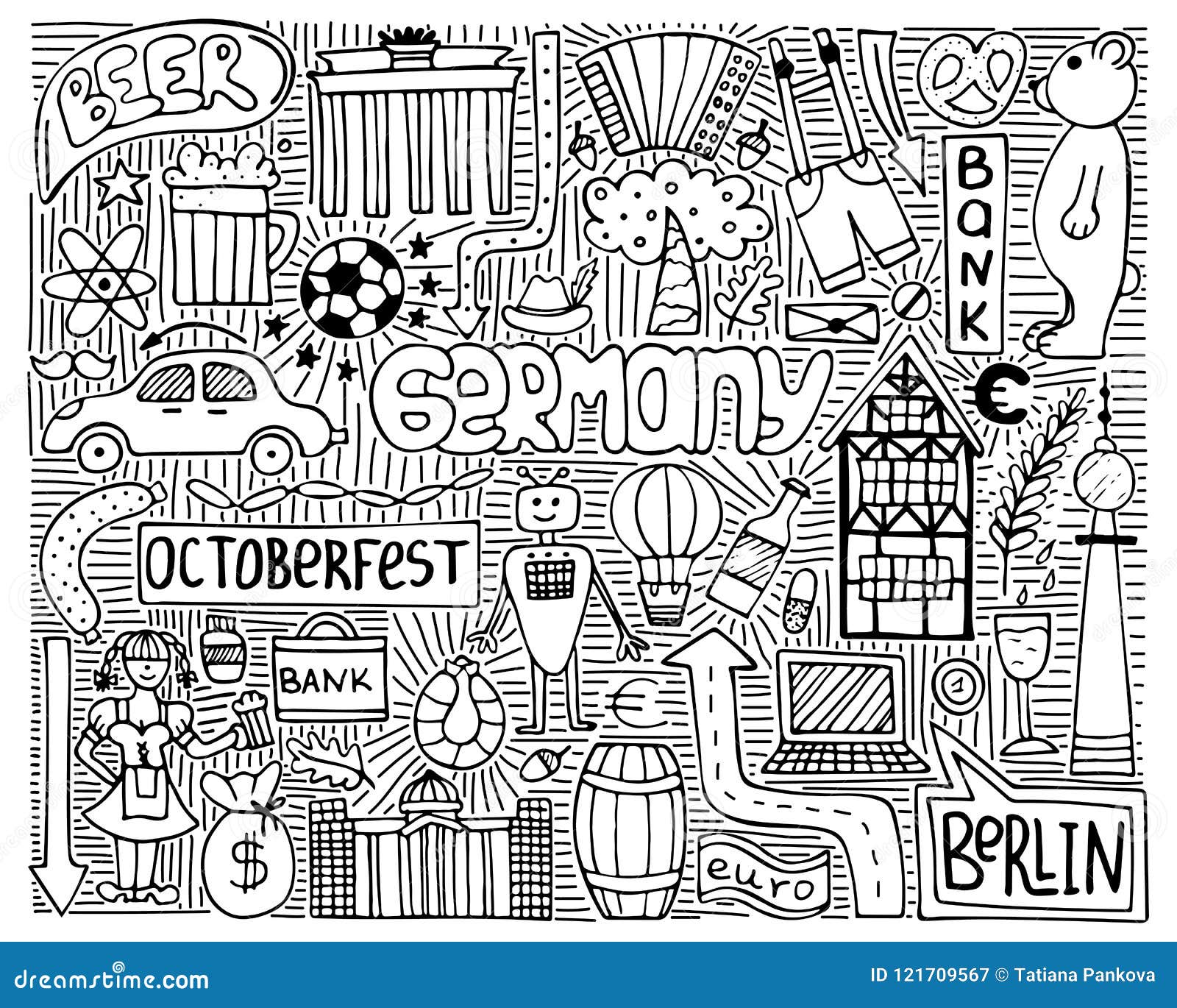 Doodle Vector Monochrome Poster With Germany Symbols Wall Art Stock