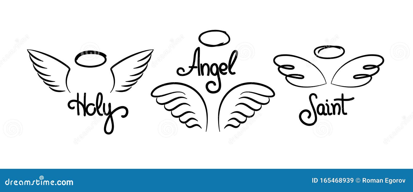 doodle wings logo. pair of hand drawn angel wings with decorative text and halo, heavenly religious emblems.  set