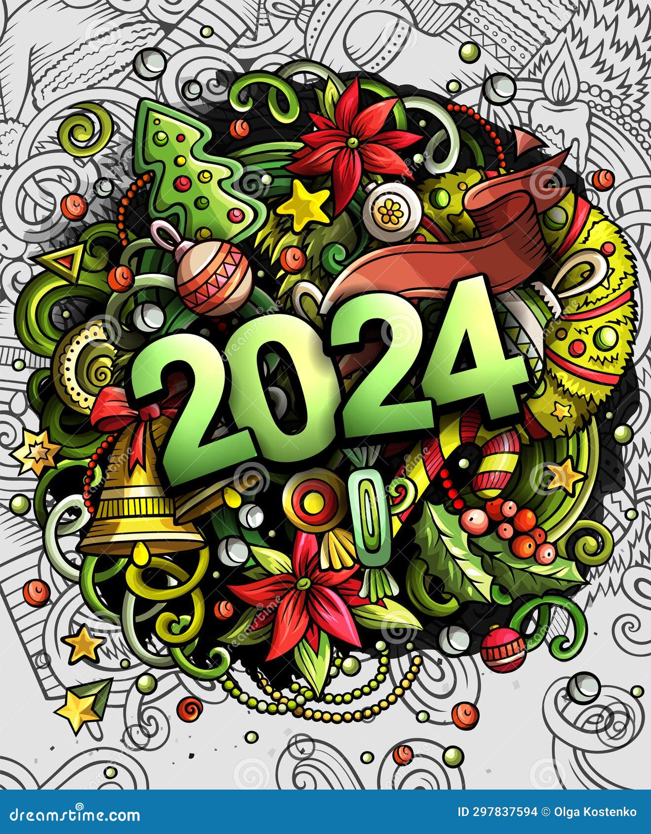 2024 Doodles Illustration. New Year Objects and Elements Poster Stock