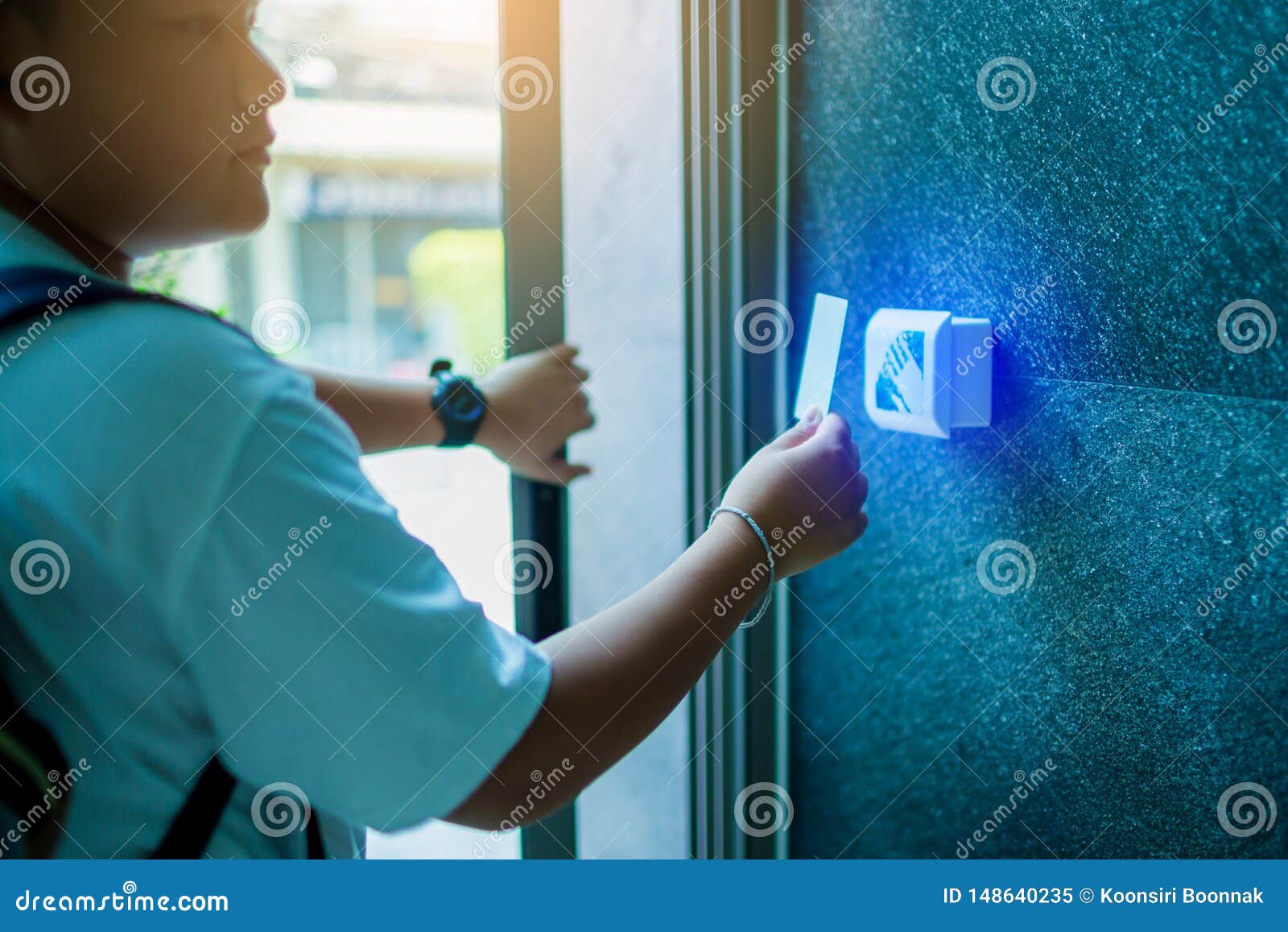 Door Access Control Boy Holding A Key Card To Lock And Unlock Door At Home Or Condominium Stock Image Image Of Alarm Access 148640235
