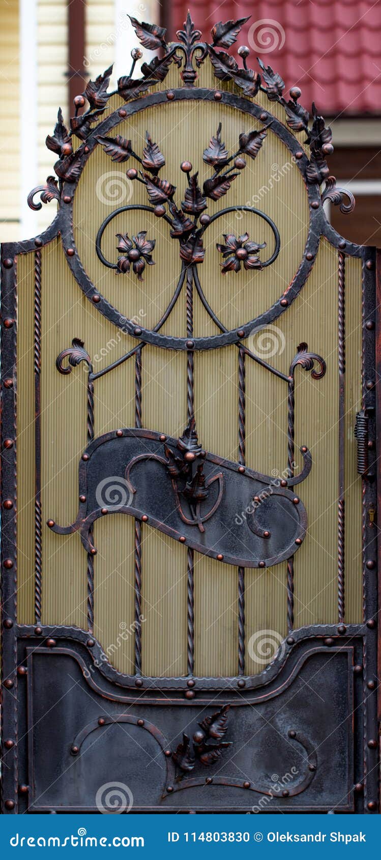 Door Decoration with Ornate Wroughtiron Elements, Close Up Stock Photo