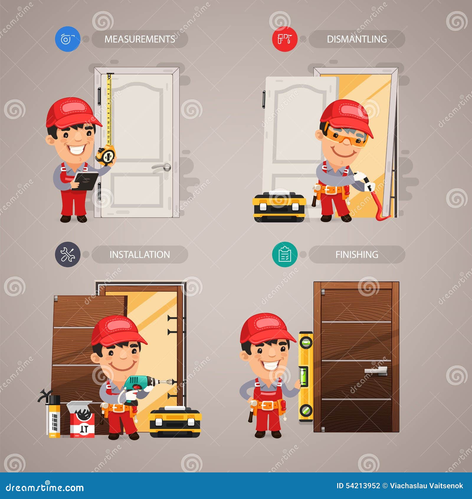 Door Installation Step by Step with Handyman Stock Vector Illustration of handle, handyman