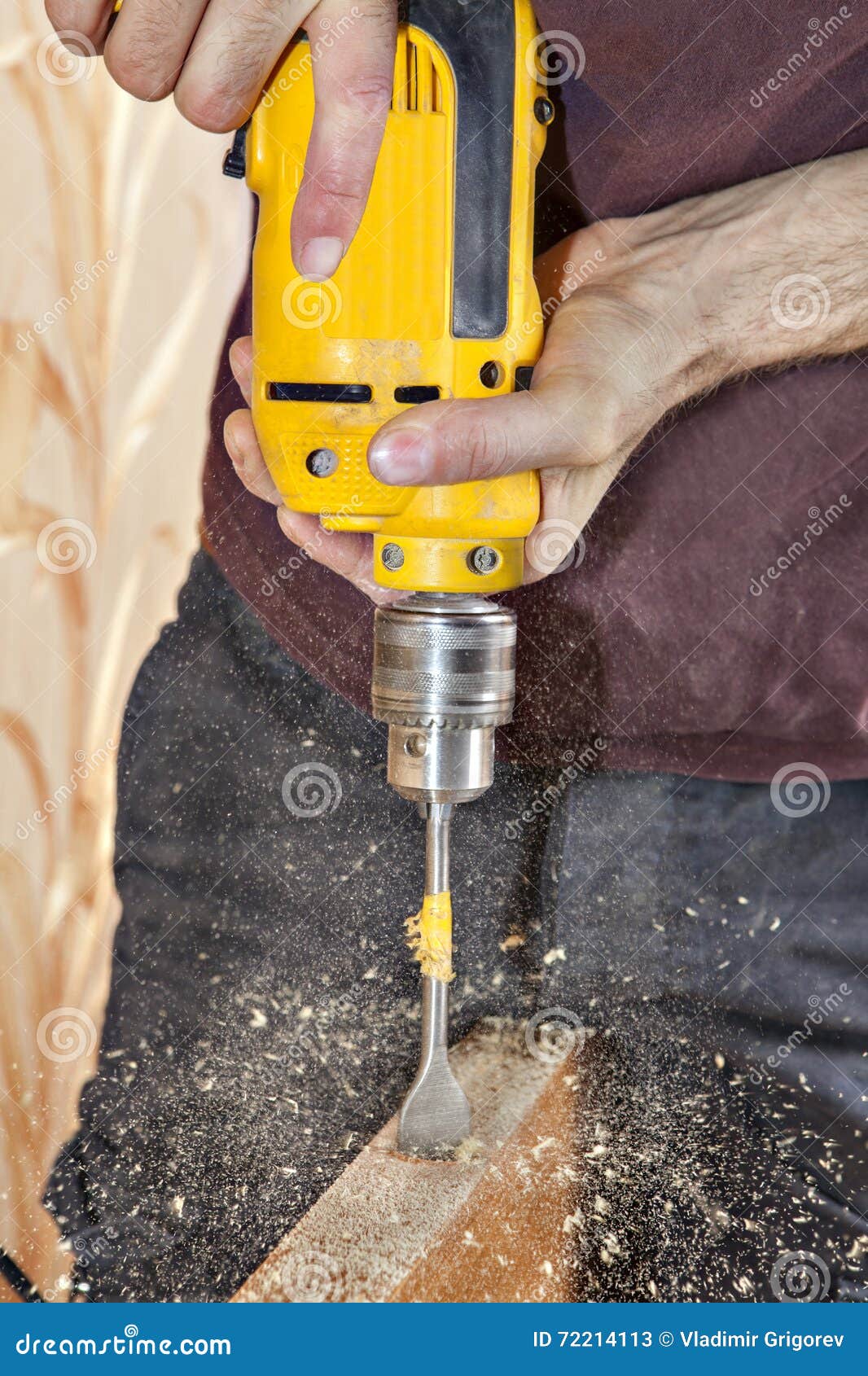 Door Knob Installing Using Yellow Power Drill Sawdust Flying A