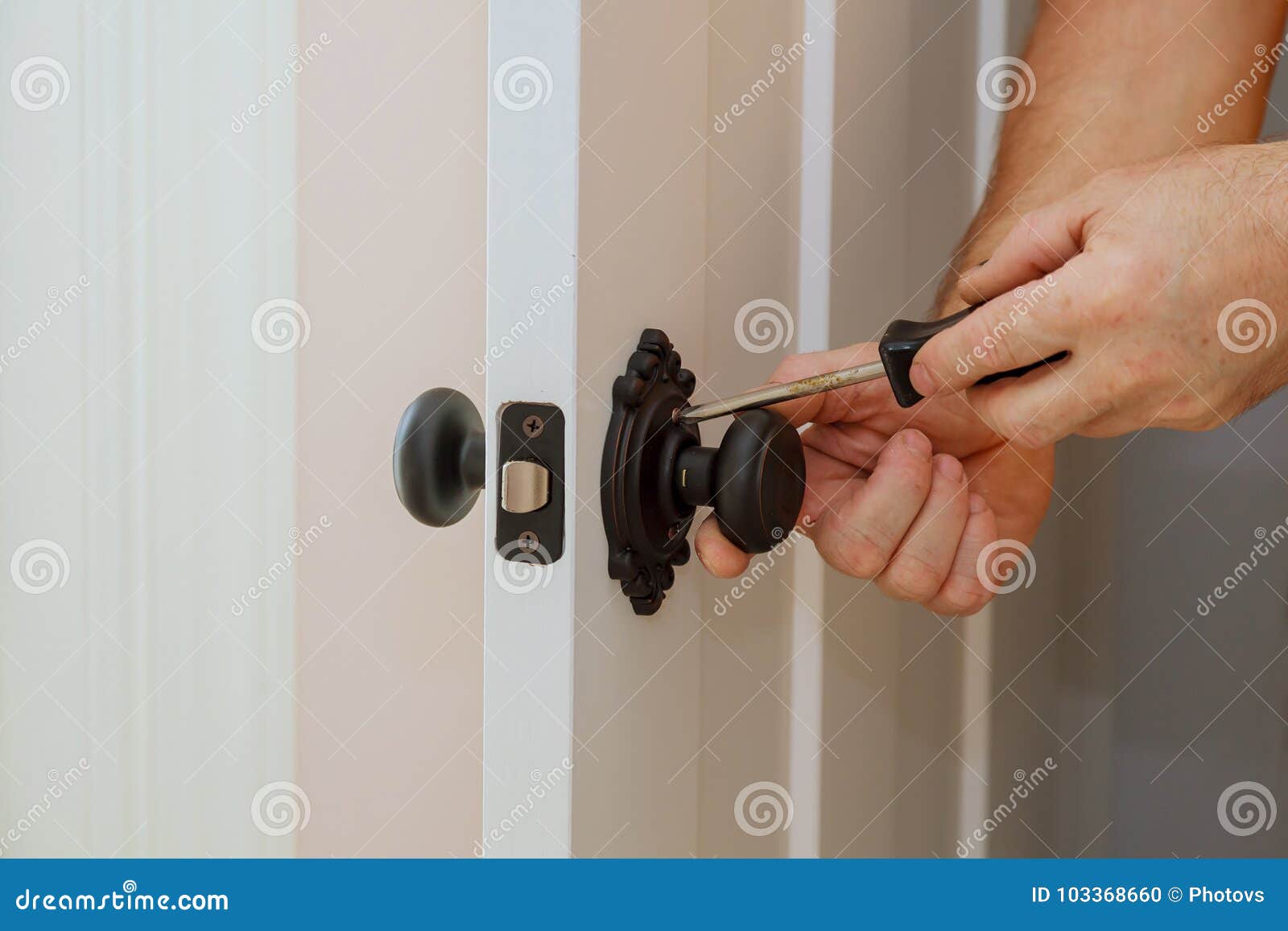 Door Knobs, Aluminum Door White Background. Stock Photo Image of