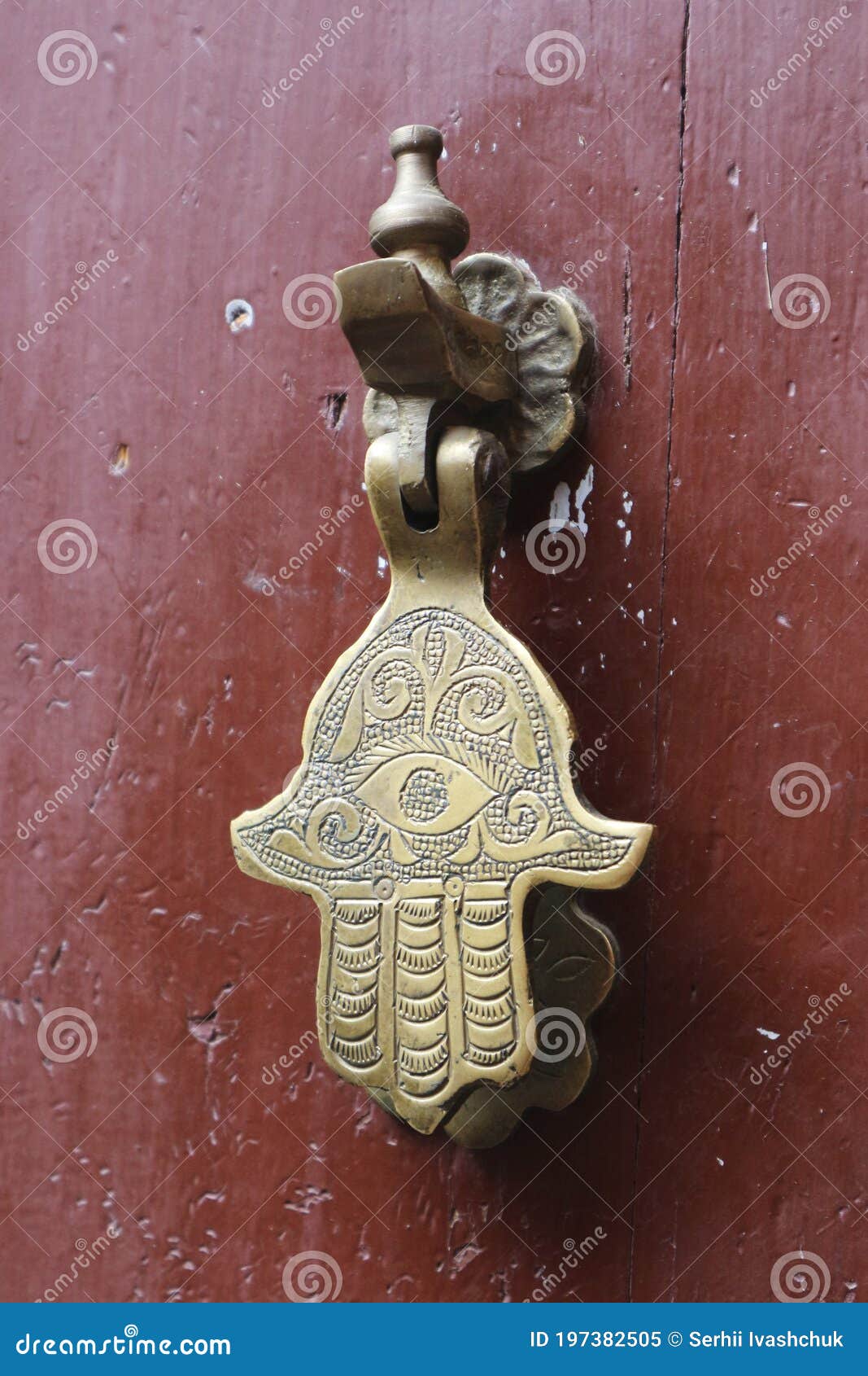 Door Knocker in Shape of Hand of Fatima. Hamsa Doorknob on Wooden Door ...