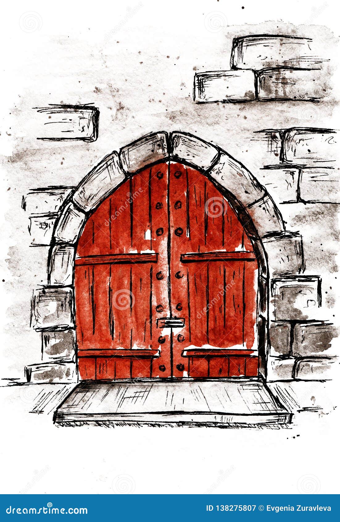 The Door Lock Sketch Watercolor Ancient Stone Stock