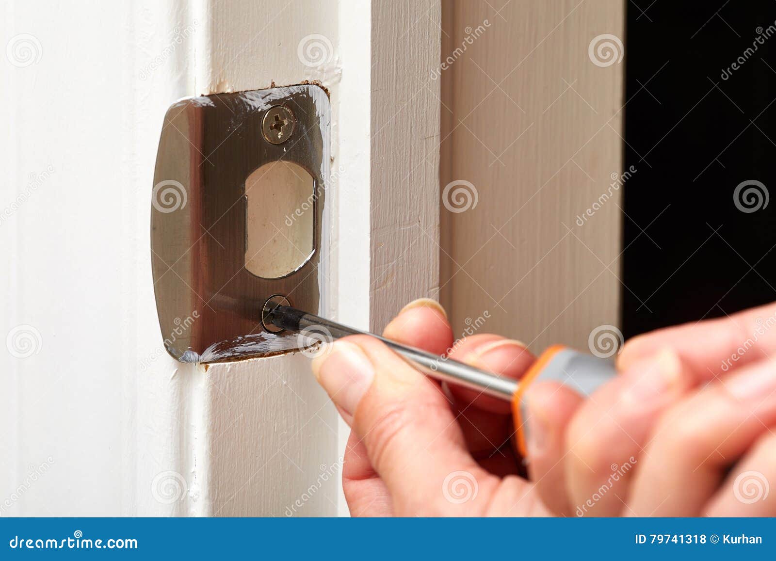 Door Strike Plate Installation. Stock Photo Image of repair, hand 79741318