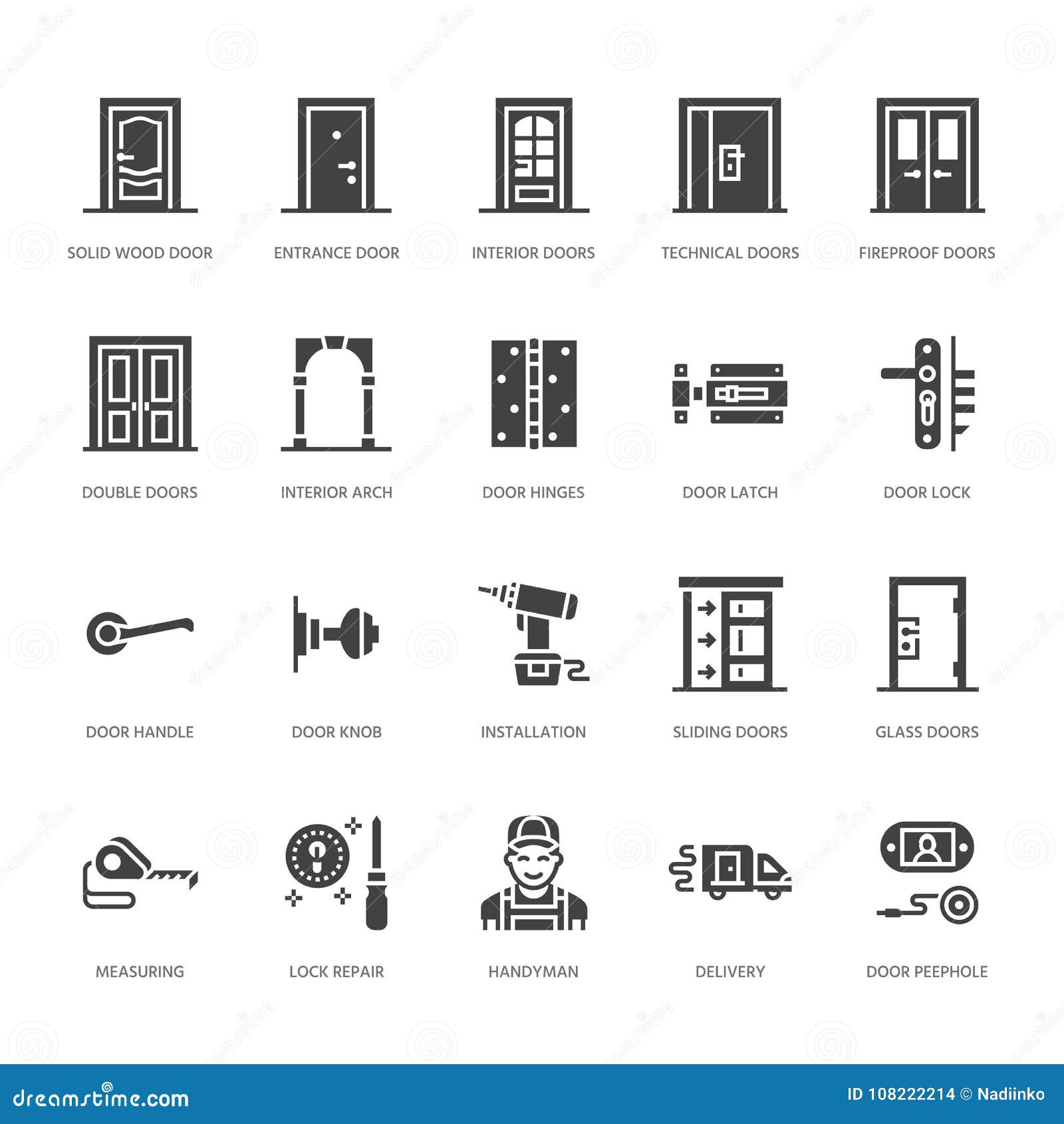 Doors Installation Repair Flat Glyph Icons Various Door