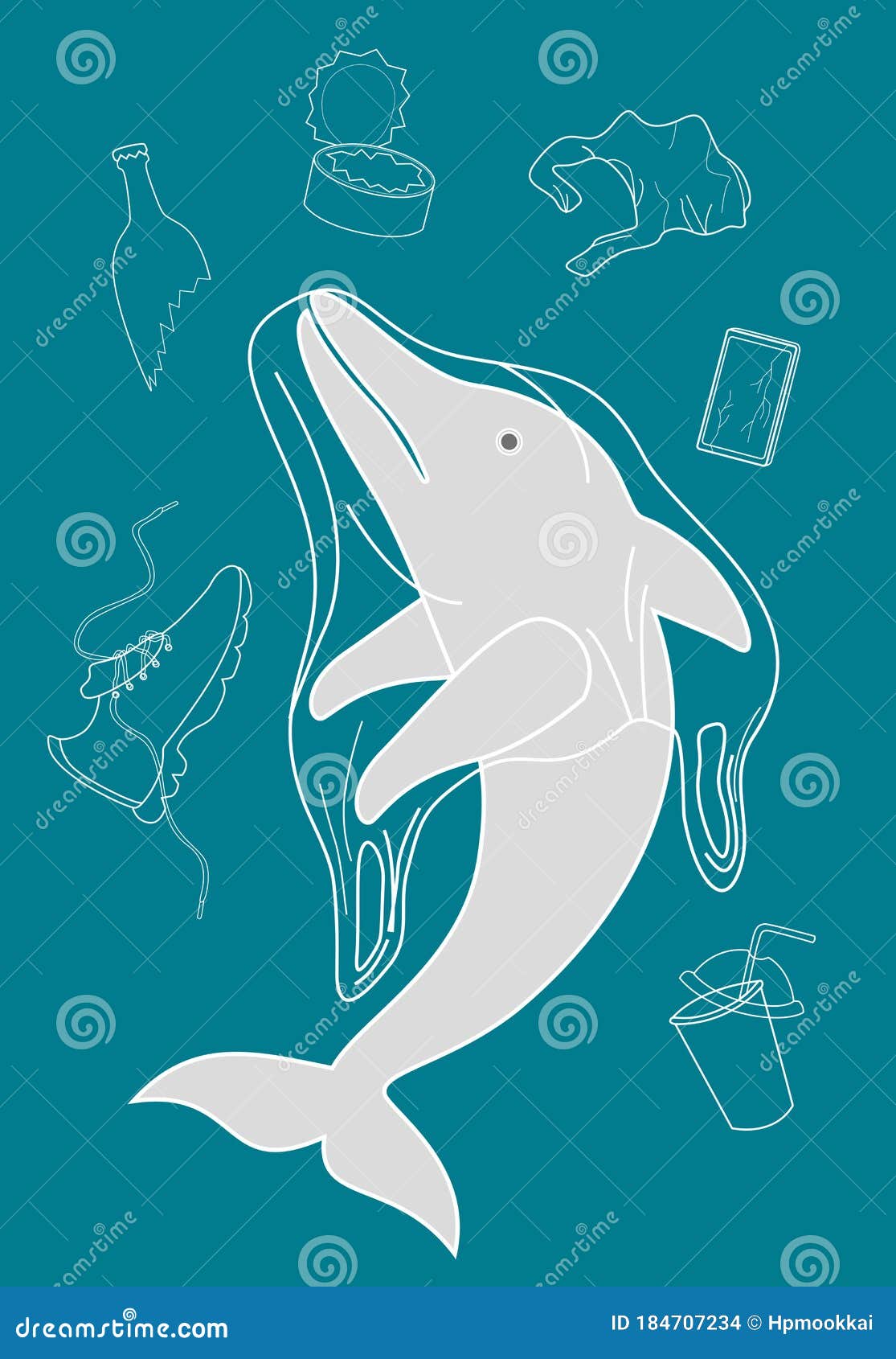 A Dophin is Stuck in the Plastic Bag and Other Garbage that Were Trashed in  the Sea from Human Behavier Stock Illustration - Illustration of save,  outline: 184707234
