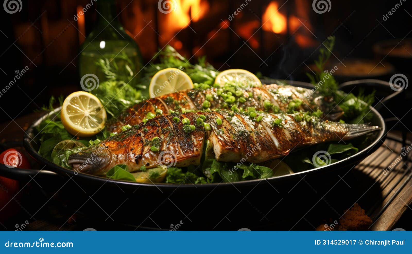 dorado grilled on a barbecue and charcoal in a plate on green color background