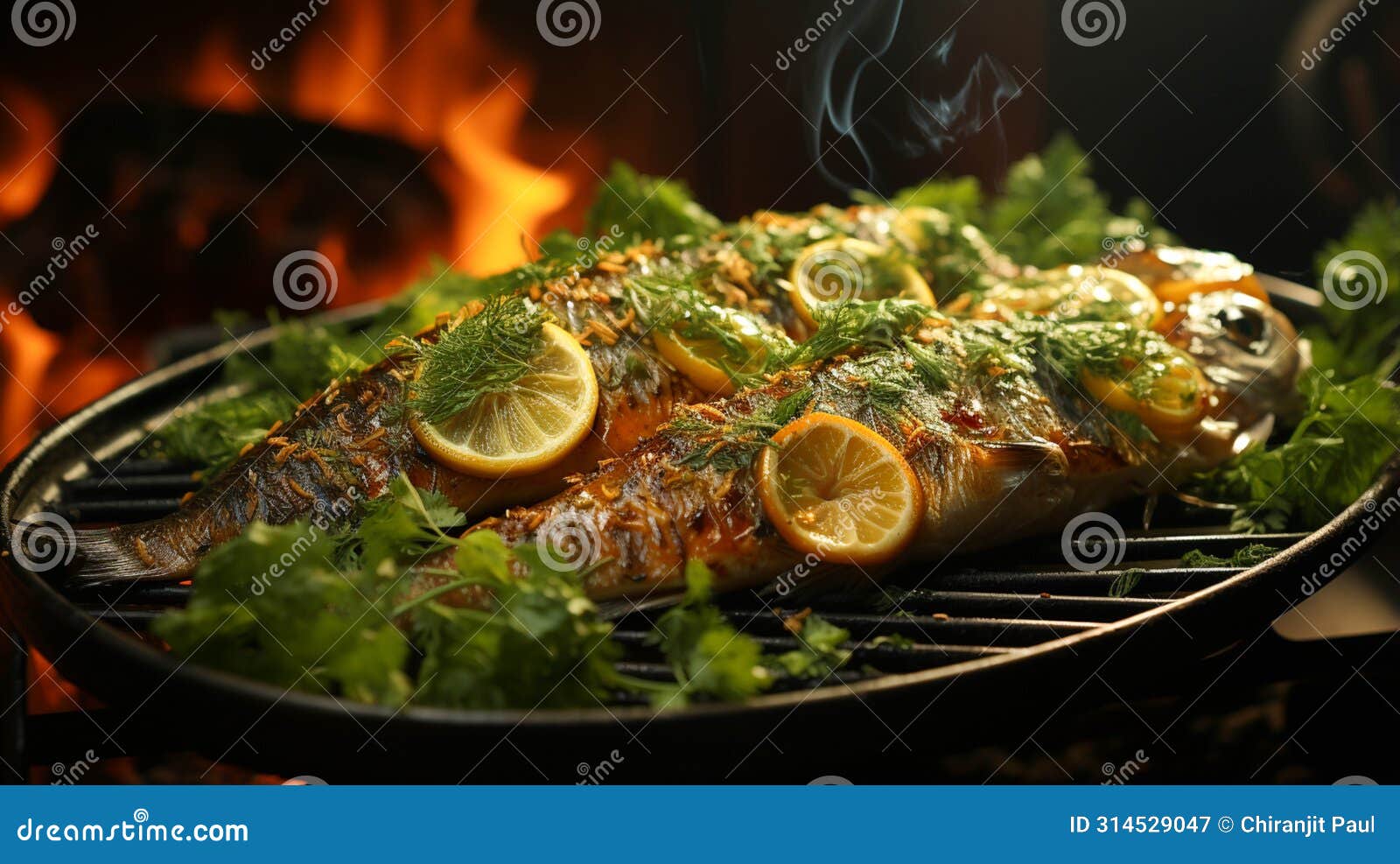 dorado grilled on a barbecue and charcoal in a plate on green color background