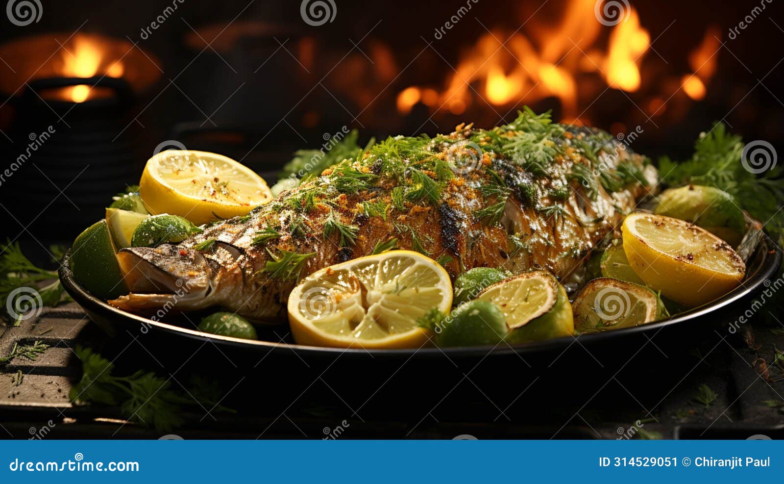 dorado grilled on a barbecue and charcoal in a plate on green color background
