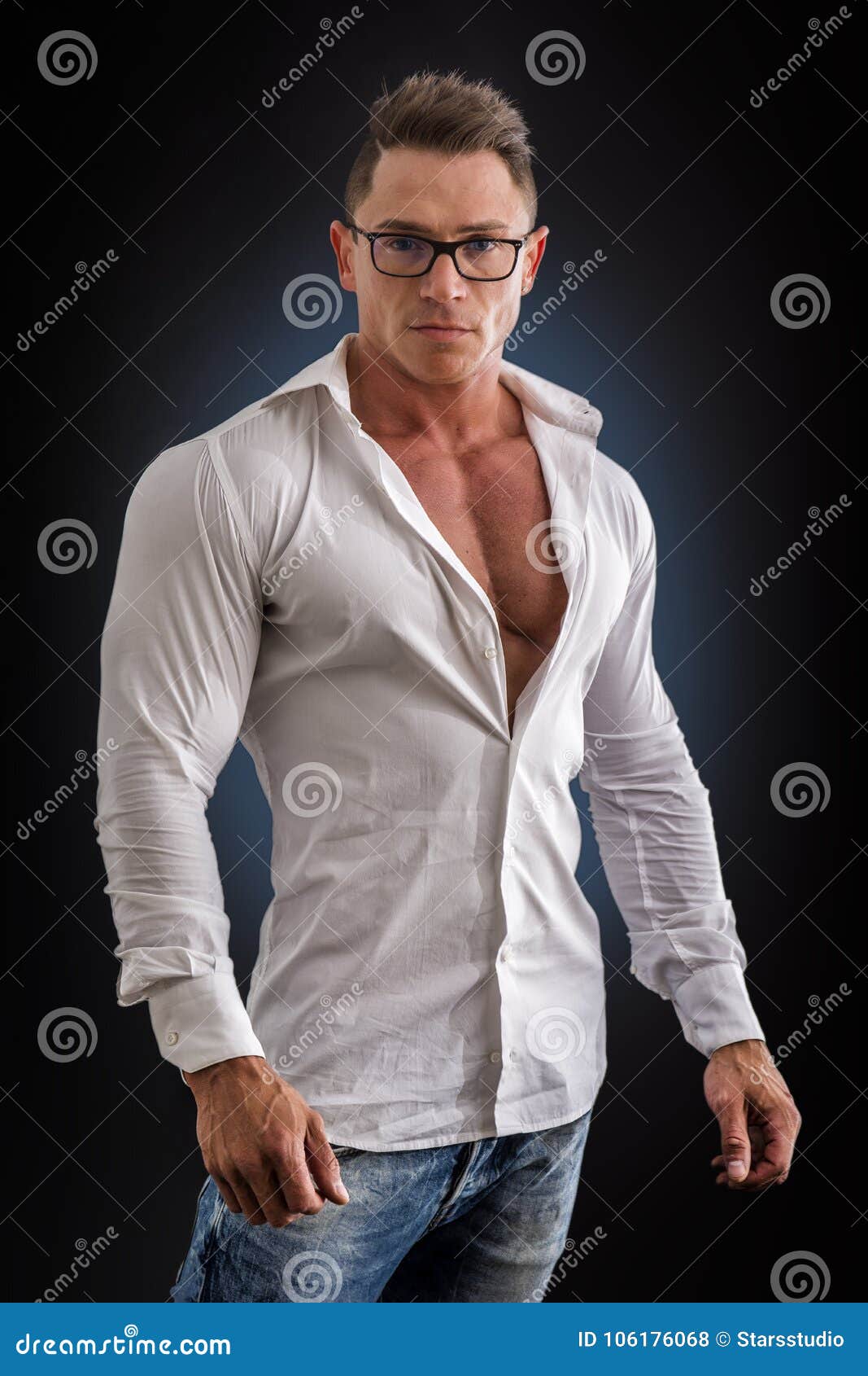 dorky man with glasses and muscle chest under shirt