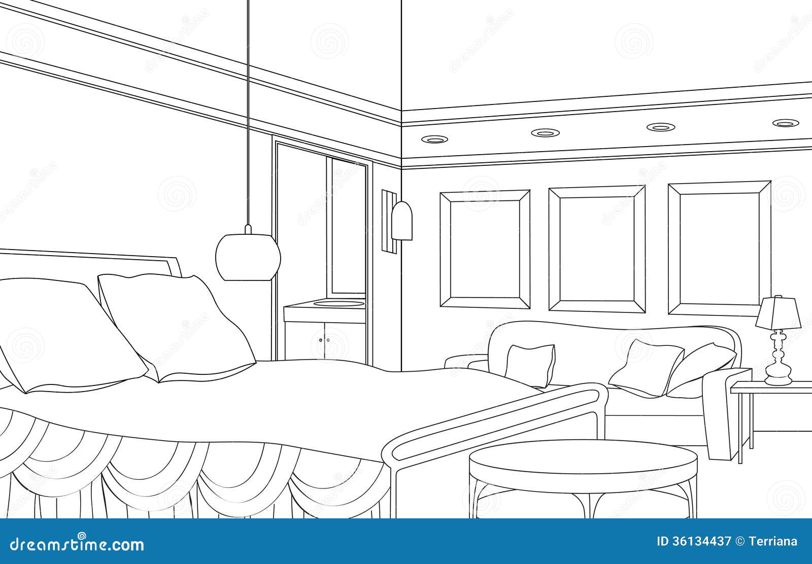 Dormitorio Con La Chimenea Muebles Editable Del Vector Interior En