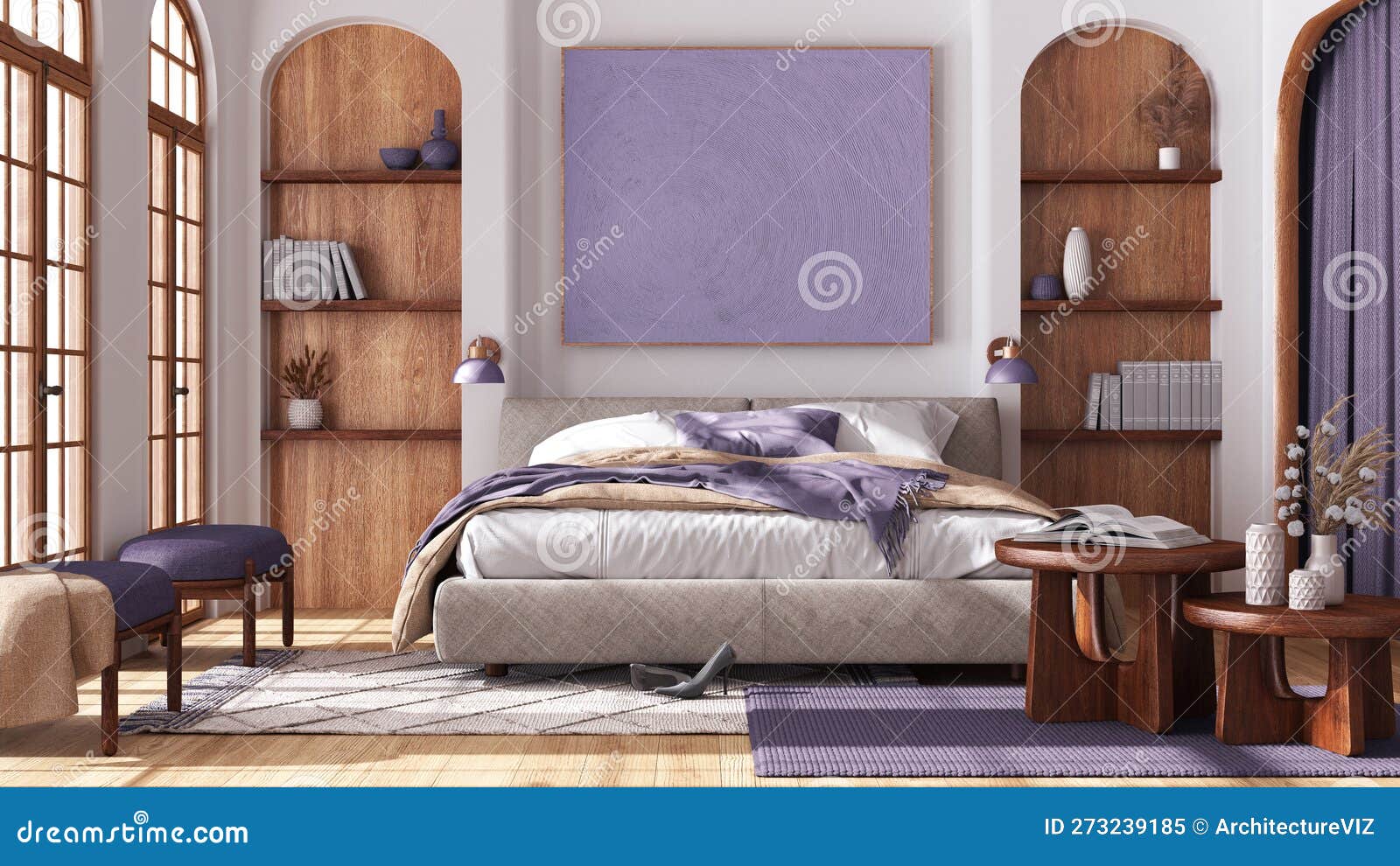 Dormitorio De Madera Contemporánea Con Parqué Y Ventanas Abovedadas.  Moqueta De Cama Doble Y Sillones En Tonos Blanco Y Violeta. J Imagen de  archivo - Imagen de doble, coloreado: 273239185