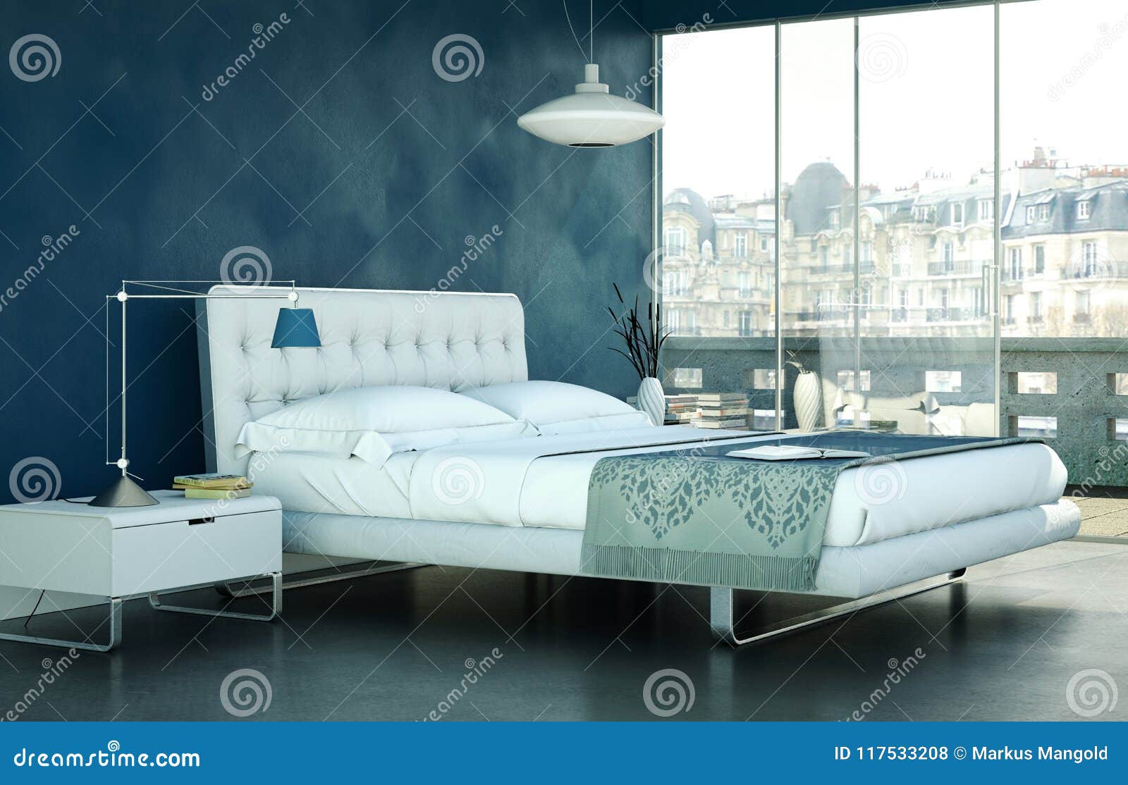 Dormitorio Moderno Con La Pared Azul Y Decoración Moderna Stock de