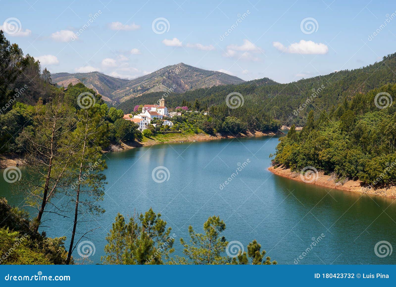 dornes city and landscape panoramic view with zezere river, in portugal