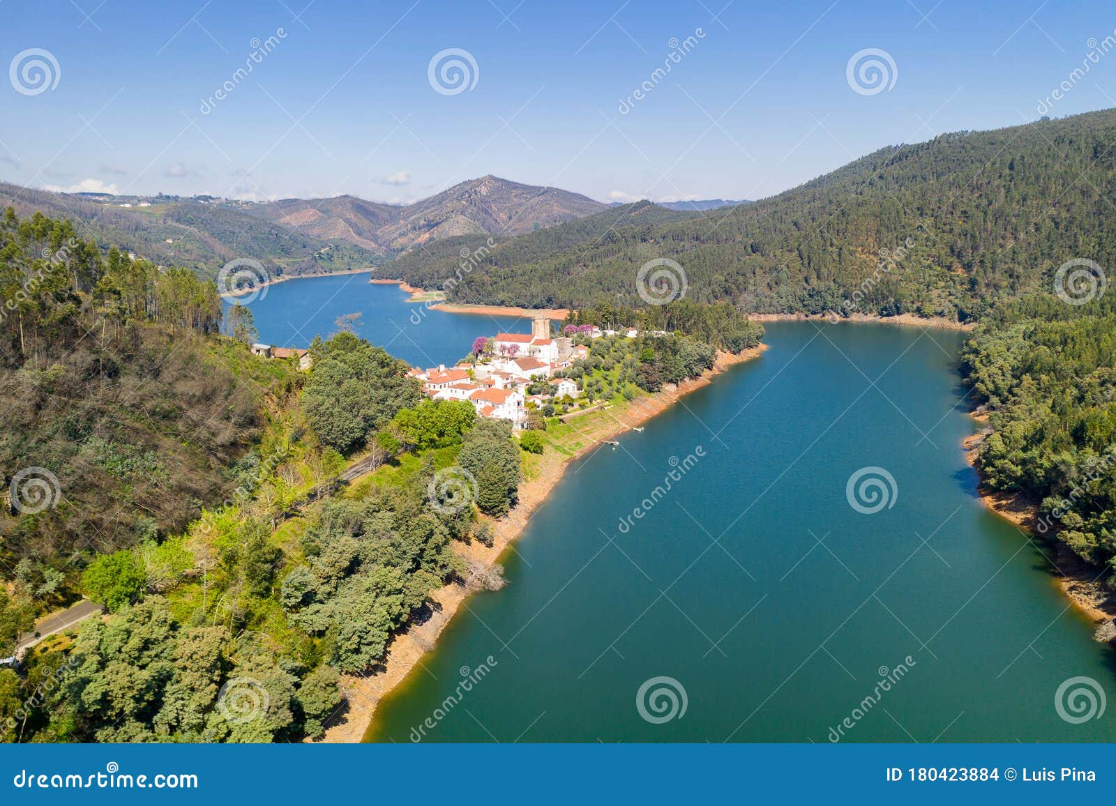dornes drone aerial view of city and landscape with river zezere in portugal