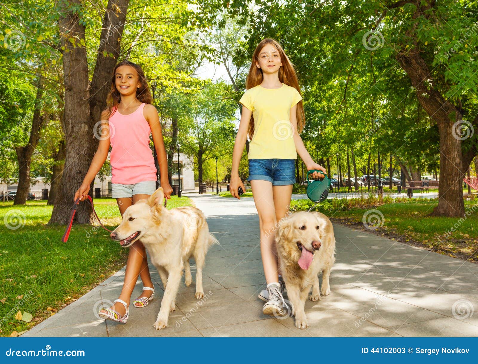 Dos Adolescentes Que Caminan Con Los Perros En Parque Imagen de archivo