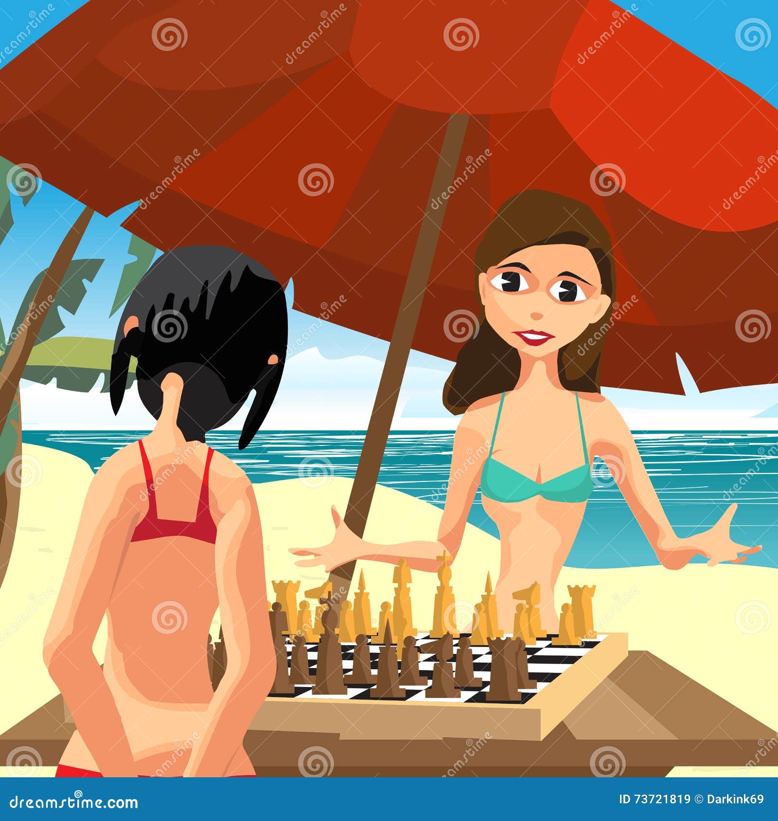 Dos Mujeres En Un Bikini Que Juega Al Ajedrez Que Se Sienta En La Playa Ilustración Vector Ilustración de cubo: