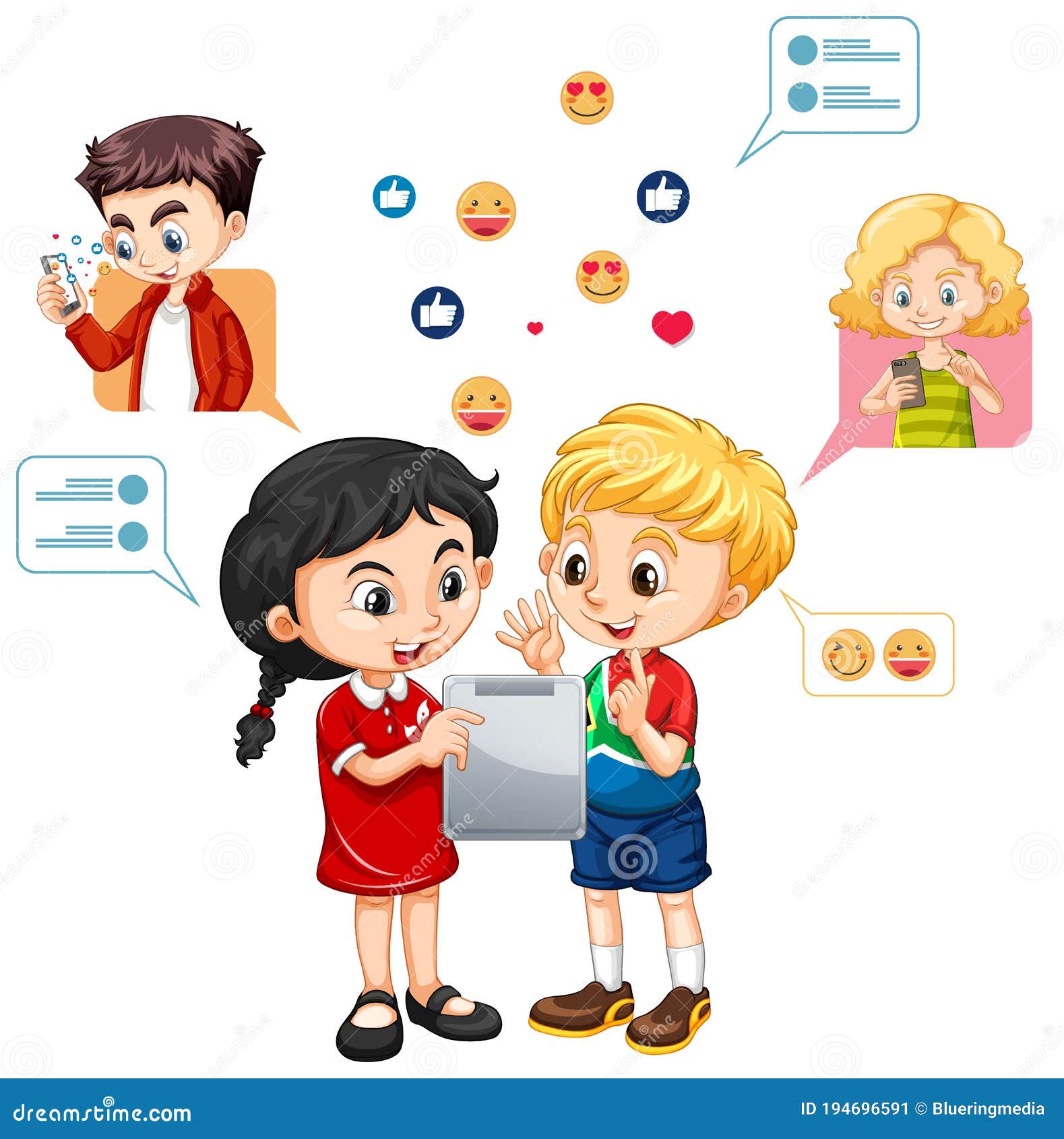 Dos Niños Aprendiendo En Tableta Con El Estilo De Dibujos Animados Del  Icono Del Emoticono De Los Medios Sociales Aislados En Fond Ilustración del  Vector - Ilustración de pupila, gente: 194696591