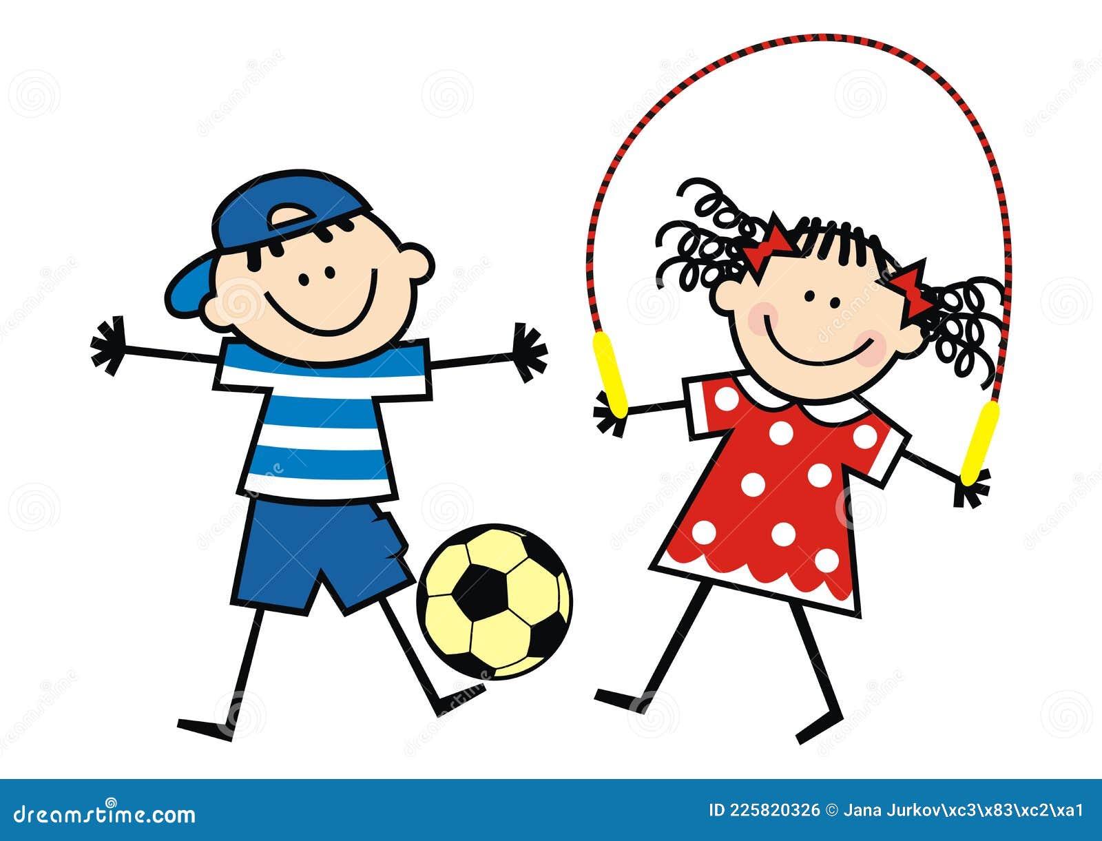 Dos Niños Felices Pelota Y Saltar Pelos De Cuerda. Ilustración del Vector -  Ilustración de retroceso, icono: 225820326