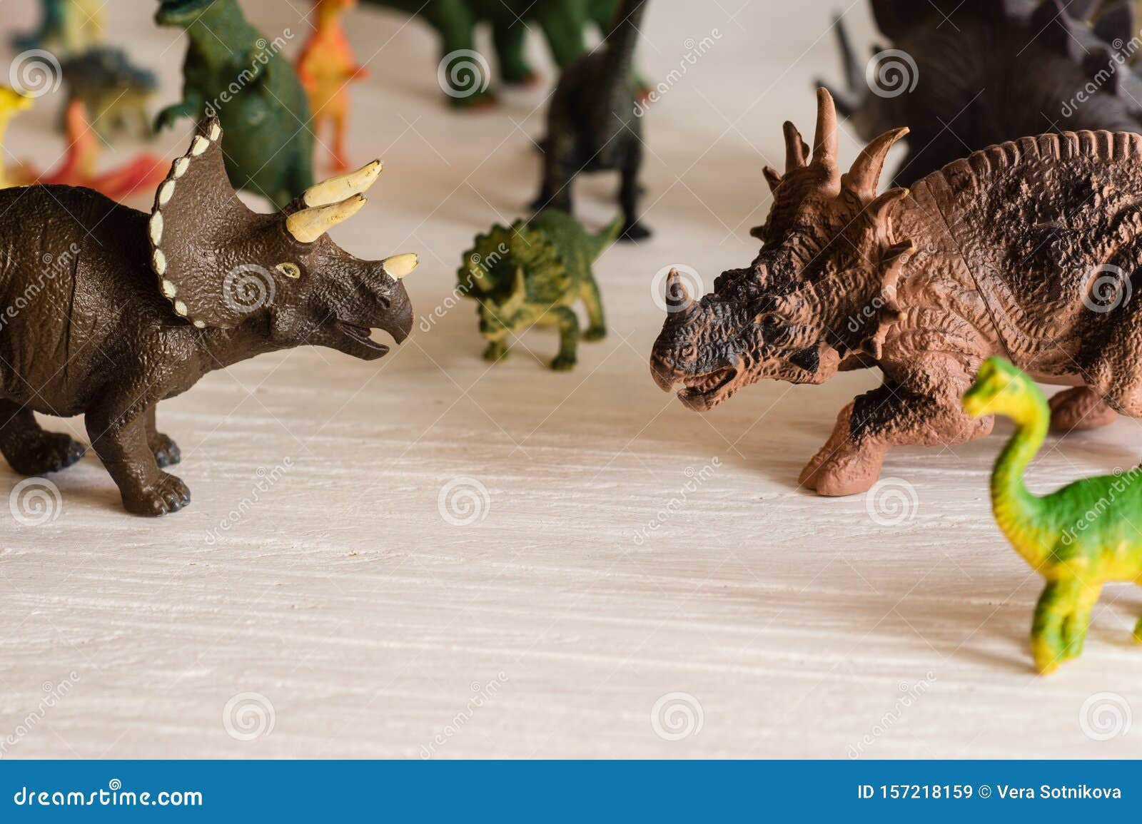 Dos Triceratops Cuernos Sobre El Fondo De Un Grupo De Dinosaurios De  Diferentes Especies Imagen de archivo - Imagen de hambriento, juguete:  157218159