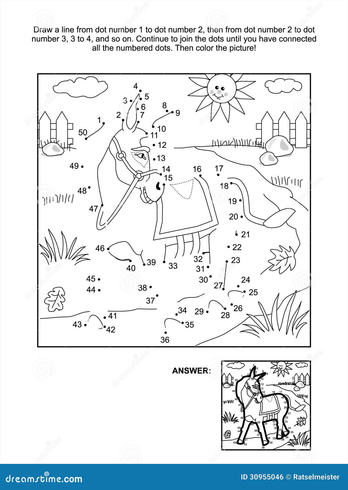 Dot-to-dot and coloring page - donkey