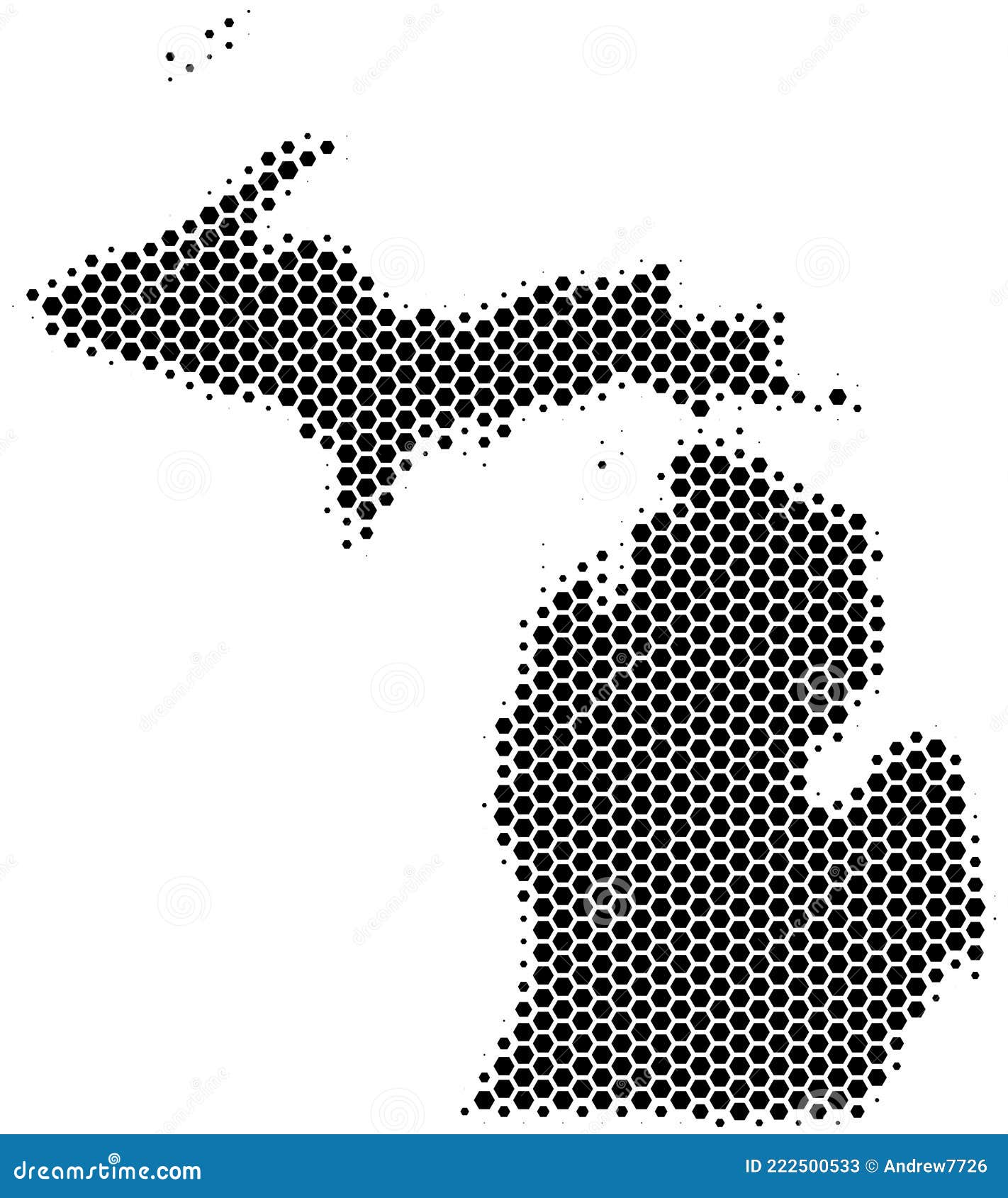 dotted map of the state of michigan in the usa made of hexagons, scale 50x50 s.