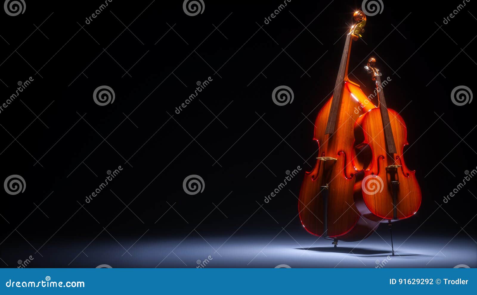 Double Bass and Cello in Dark Studio 3D Rendering Stock Illustration