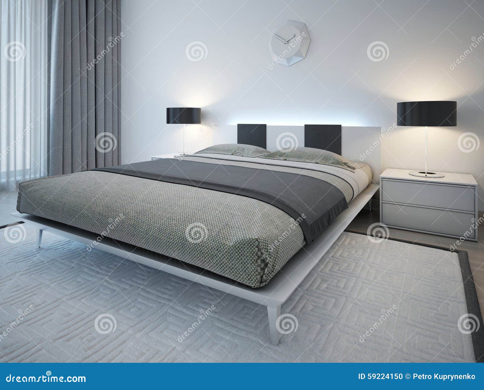 Double Bed with Bedside Table in Minimalist Style Stock Photo Image