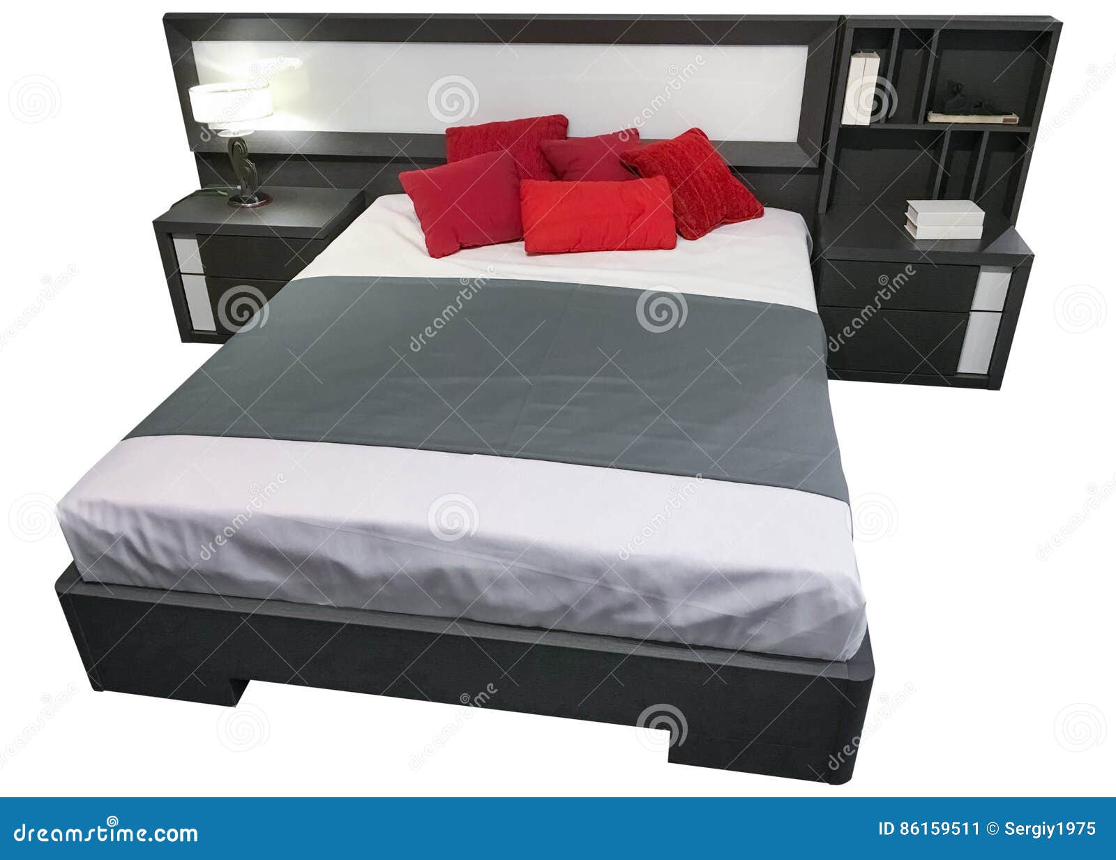 Double Bed with Bedside Tables Isolated on White Background Stock Image