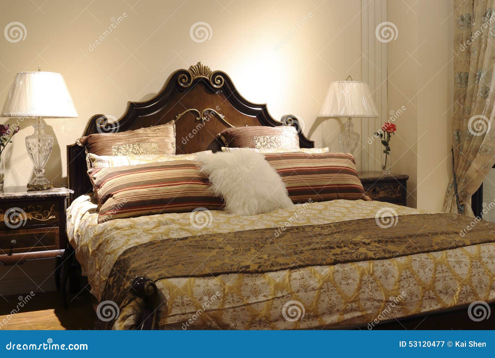 A Double Bed of Carve Patterns or Designs on Woodwork Stock Image