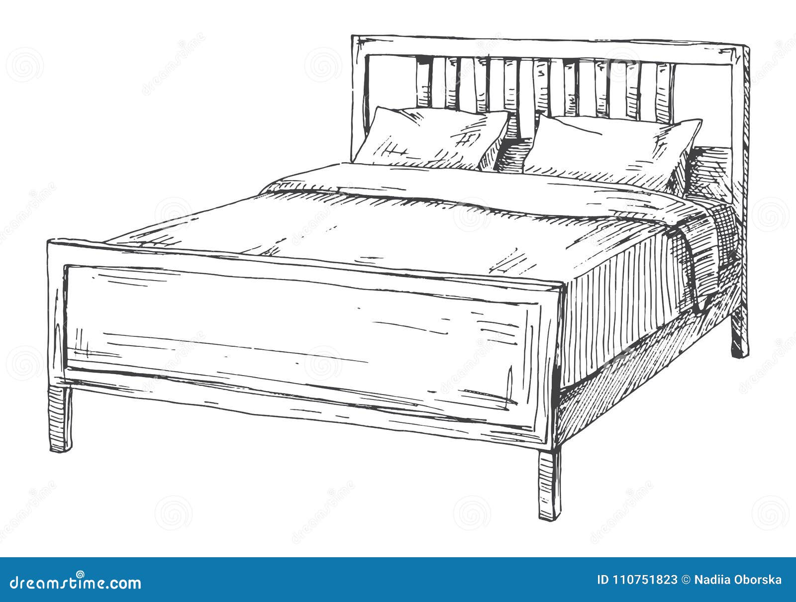 Double Bed Isolated on White Background. Vector Illustration in Sketch