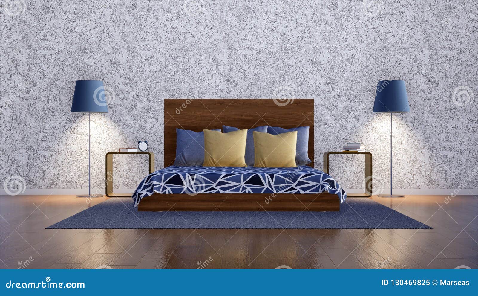Double Bed In Modern Minimalist Bedroom Interior Stock
