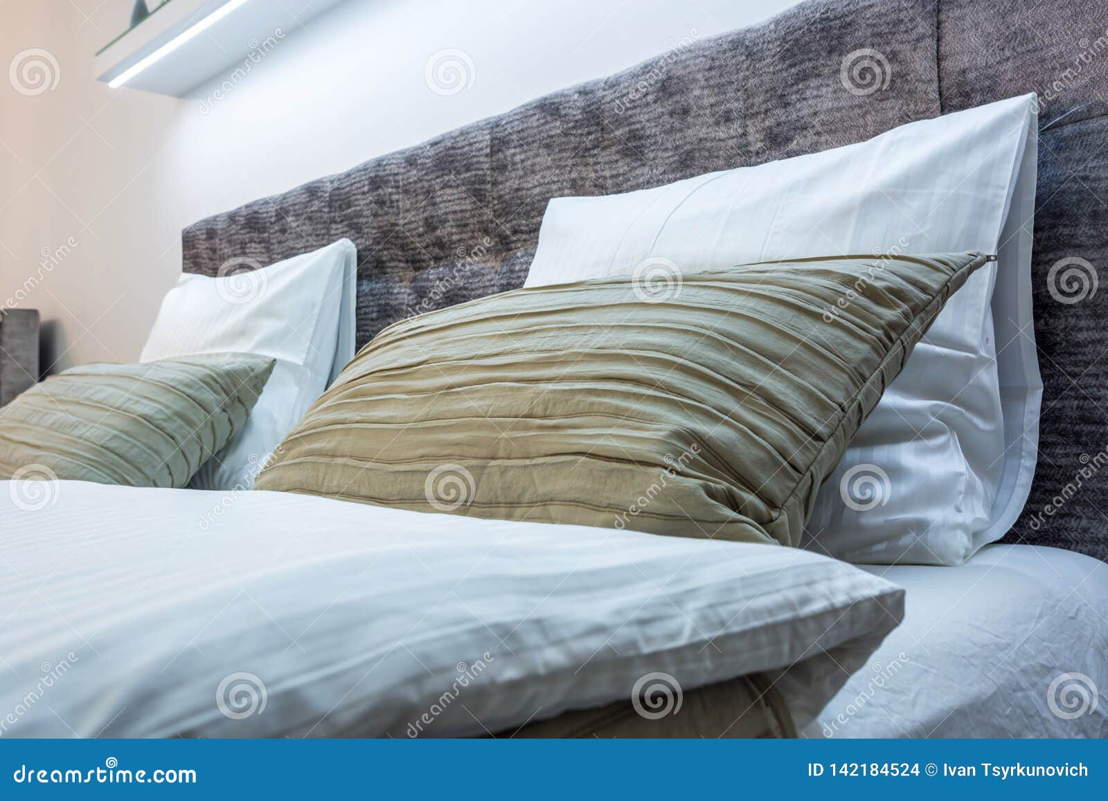 Double Bed With Pillows In Interior Of The Modern Bedroom In Loft