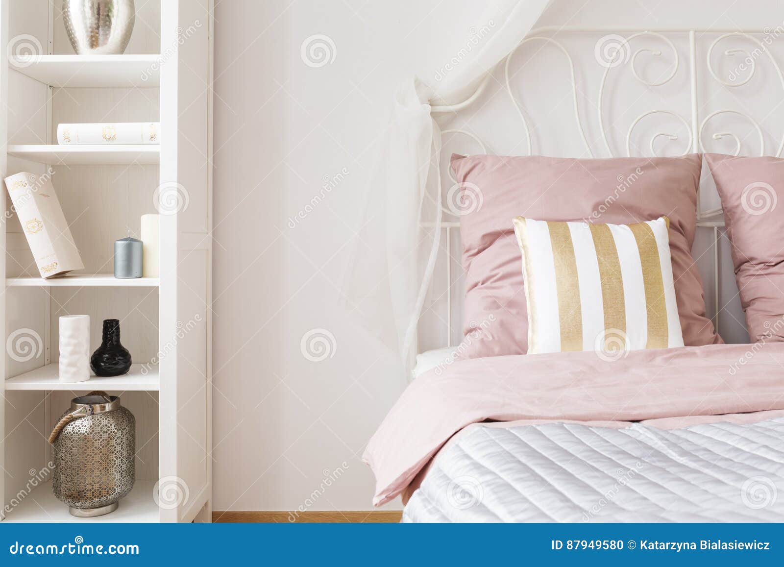 Double Bed with Pink Bedding Stock Photo Image of bookcase