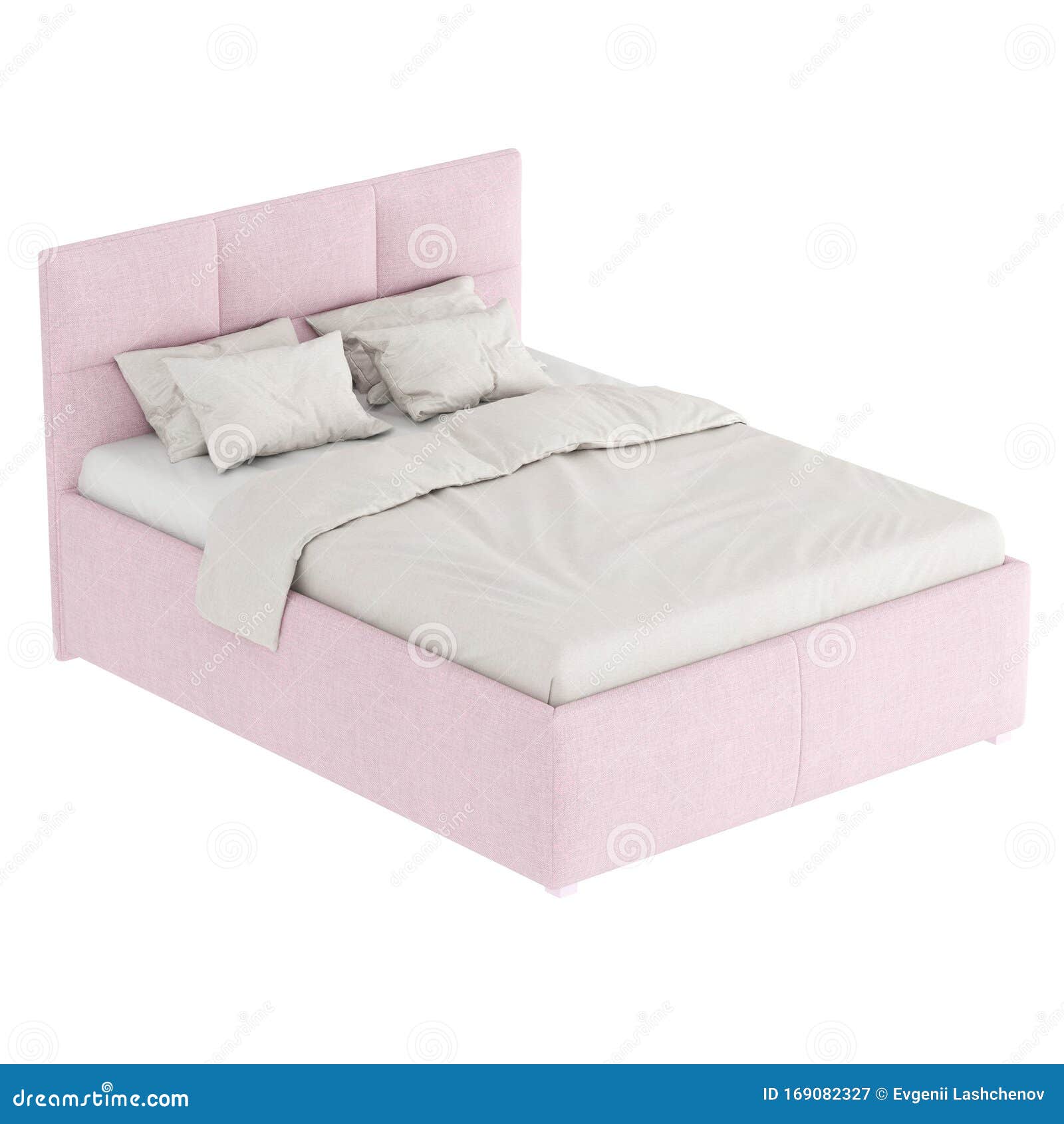 Double Bed With Soft Pink Fabric Upholstery And Light Bedding On A
