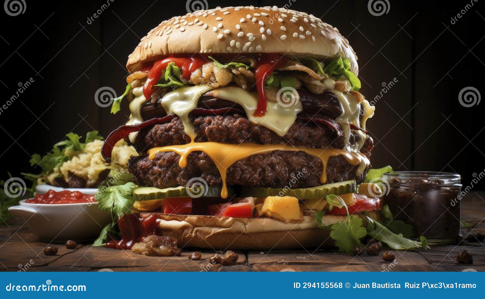 Double Beef and Bacon Burger with Cheddar Cheese and Chips on a Wooden