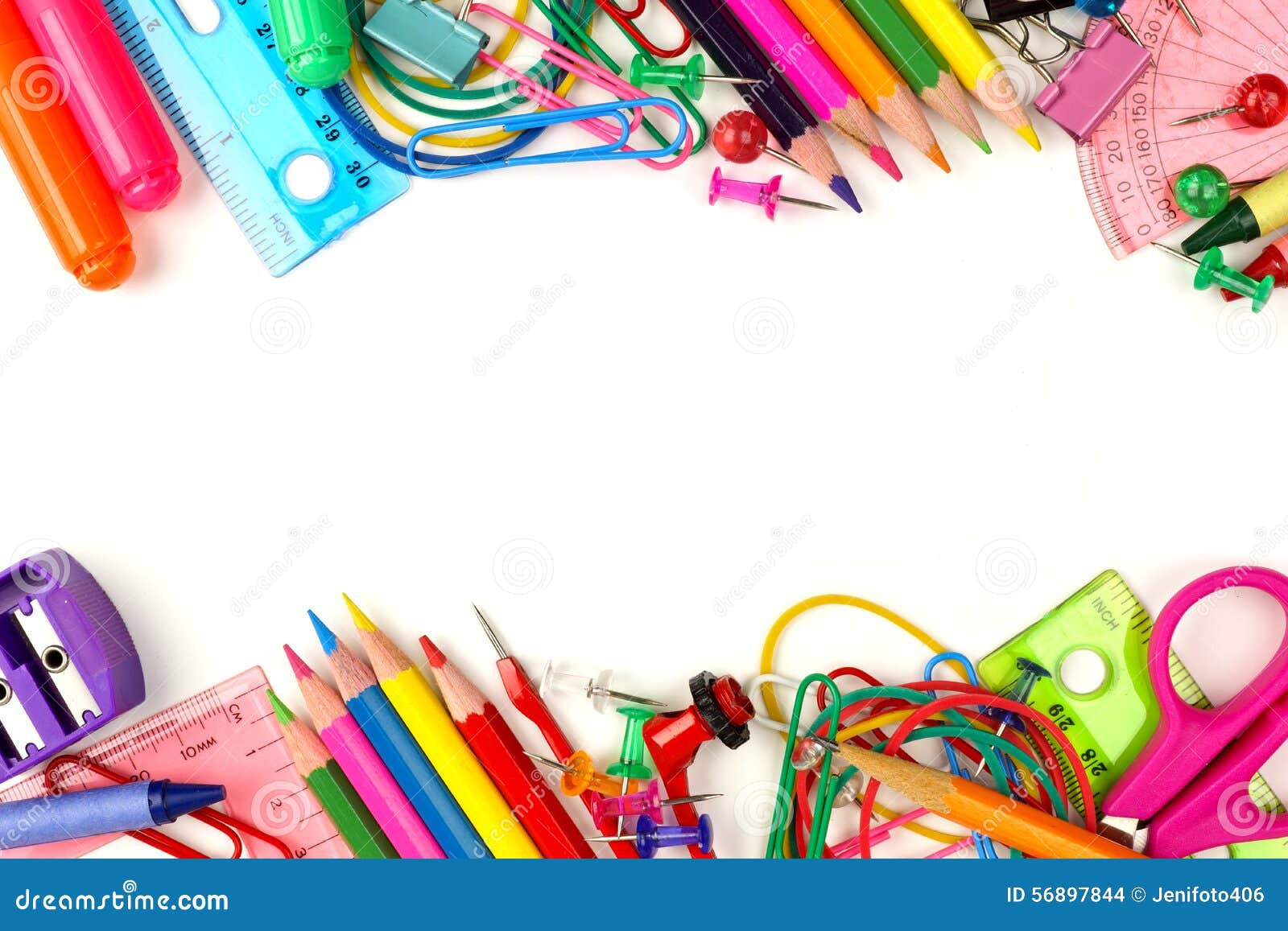 double border of school supplies over white