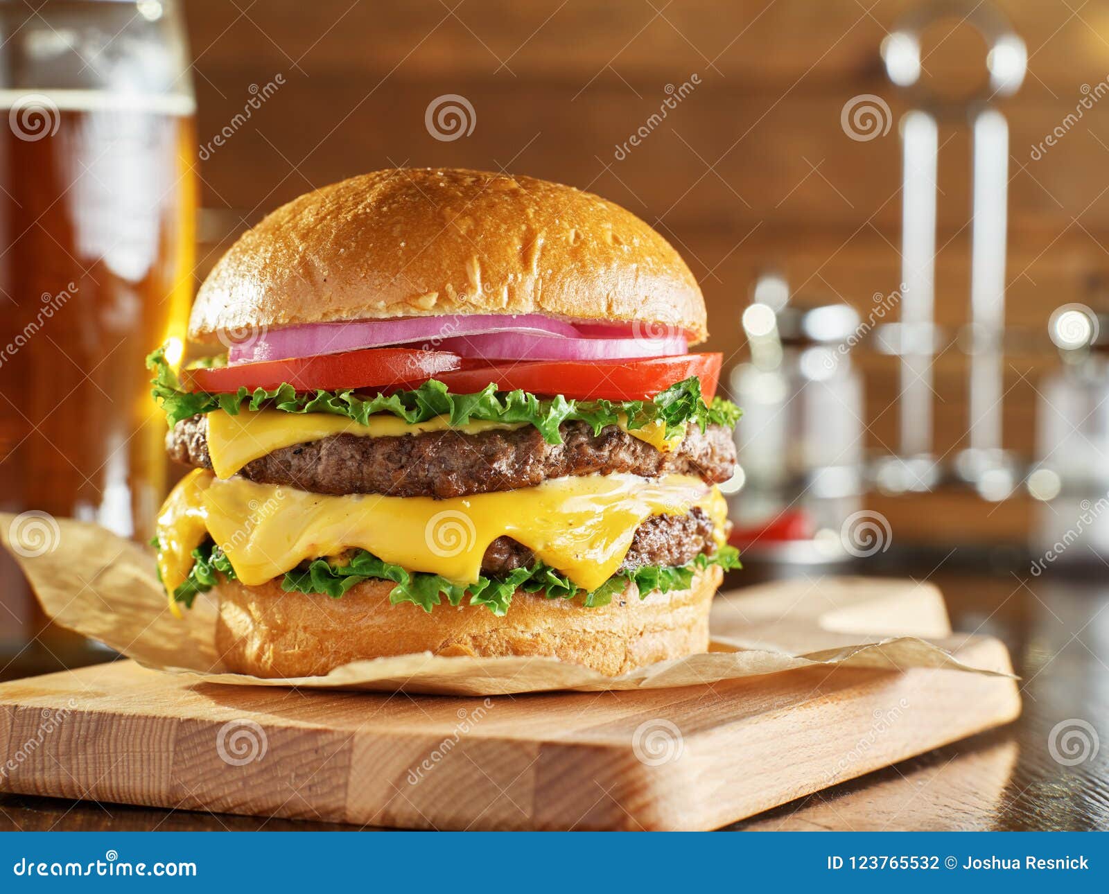 Double Cheese Burger with Beer Stock Photo Image of fast, focus