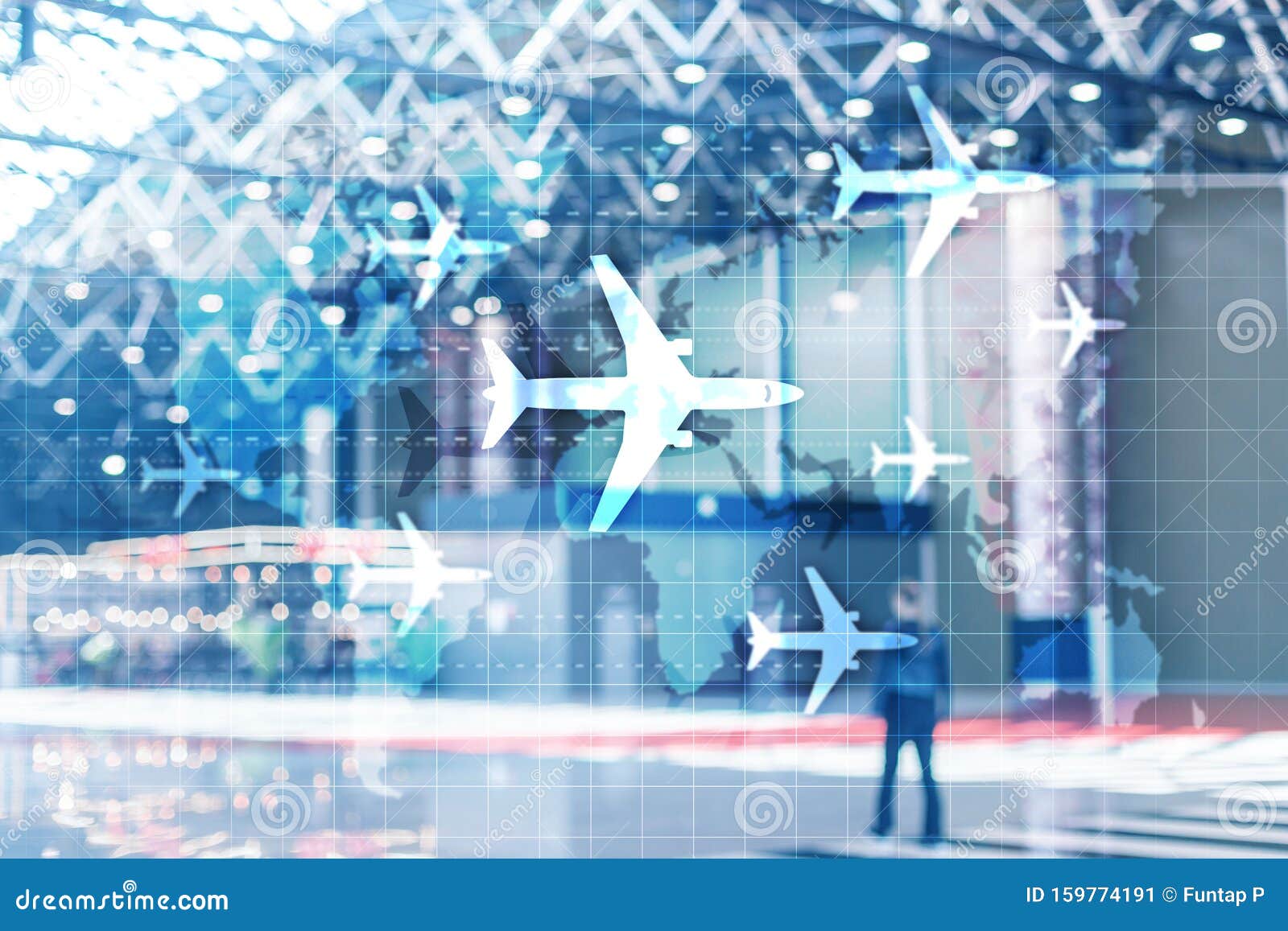 double exposure background. world map with flight routes airplanes. global aviation business tourism.