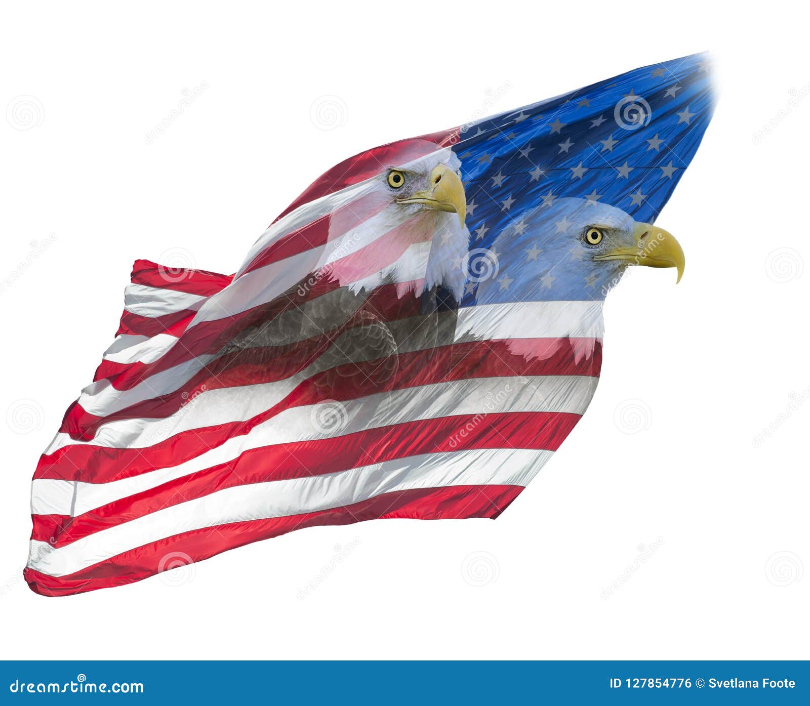 Double Exposure Of Bald Eagles On American Flag Stock