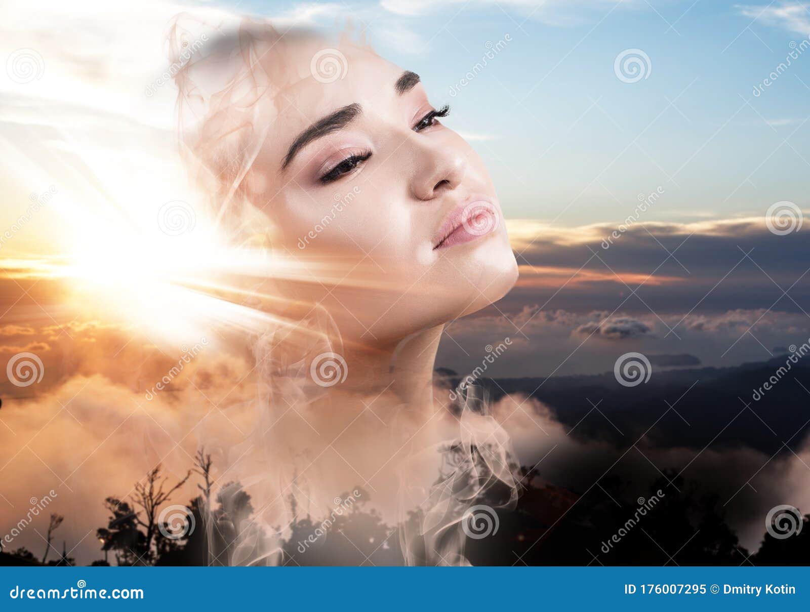 Double Exposure of Beautiful Woman Face and Beautiful Sunset. Stock ...