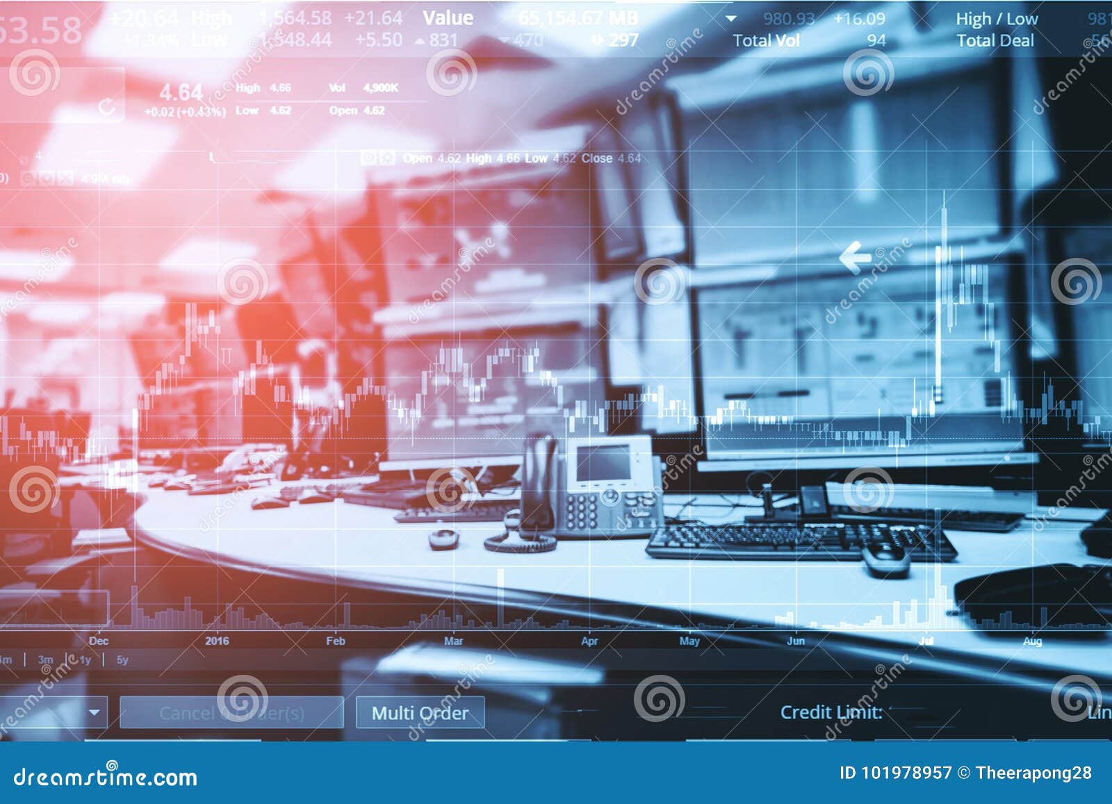 Double Exposure of Business Stock Trading Room with Computer and Stock
