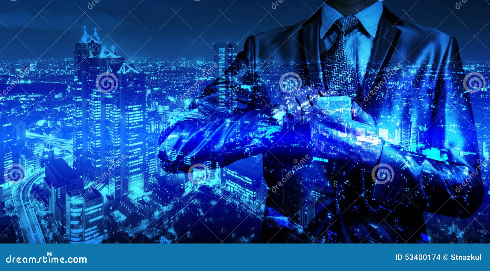 double exposure of businessman with cityscape